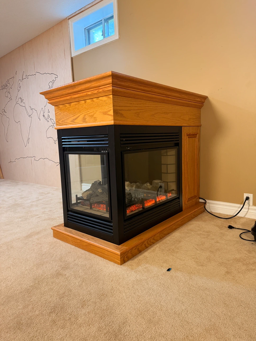 3 sided Electric Fireplace with Oak Mantel