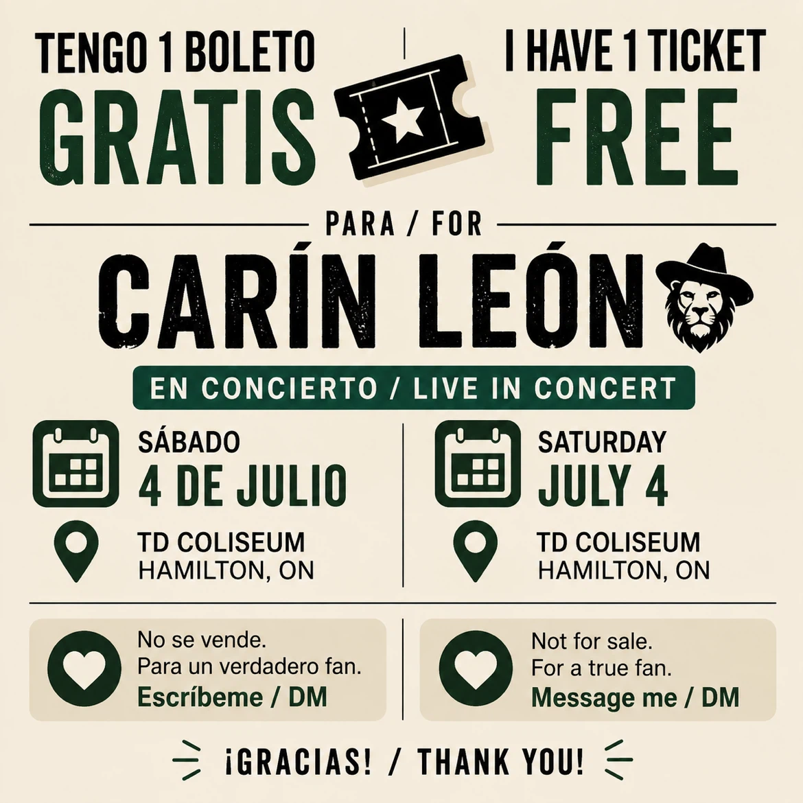 Free Ticket for Carin León Concert - July 4th in Hamilton