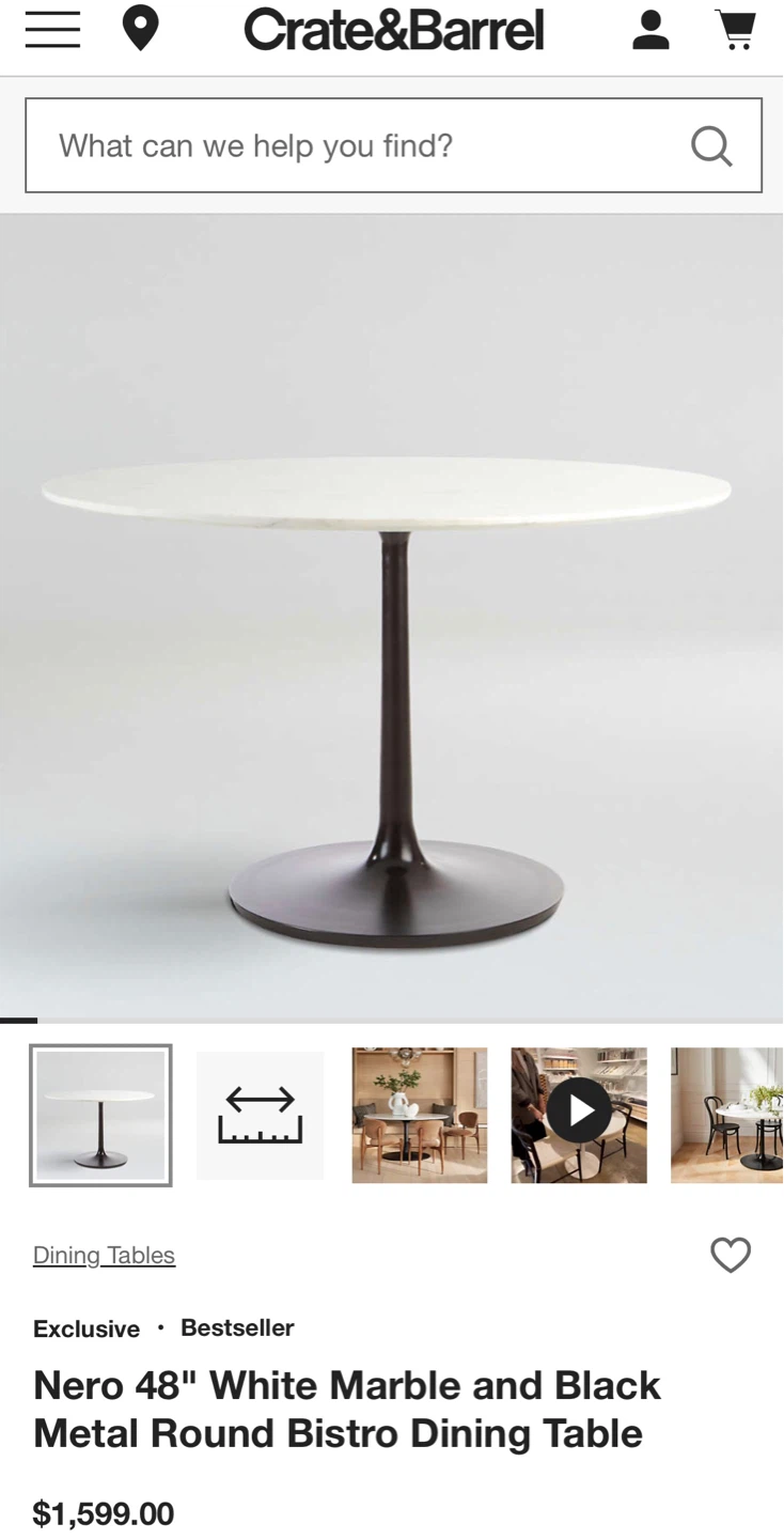 Crate and Barrel Nero 48" White Marble Round Table with 4 chairs