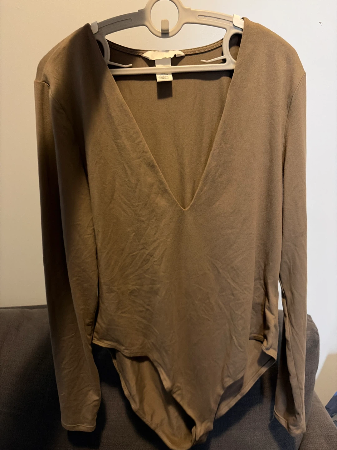 Brown Long Sleeve V-Neck Bodysuit