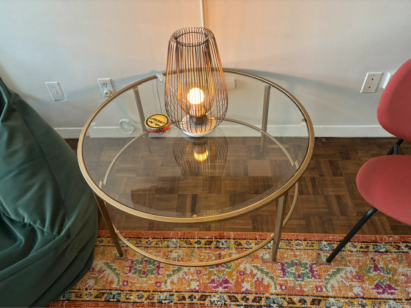 Round Glass Coffee Table with Gold Metal Frame