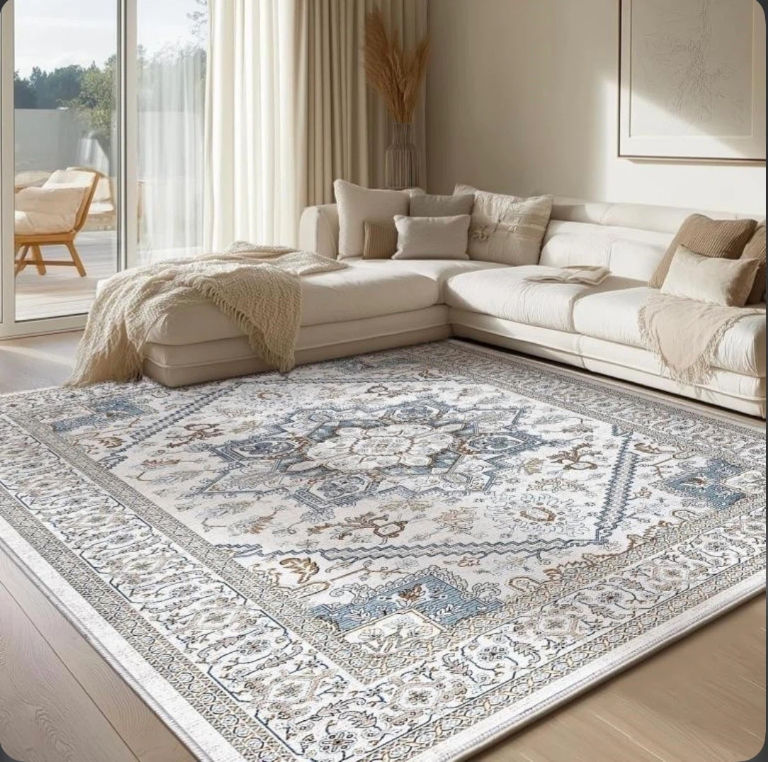 Elegant Area Rug Cream White & Blue 10'x14'