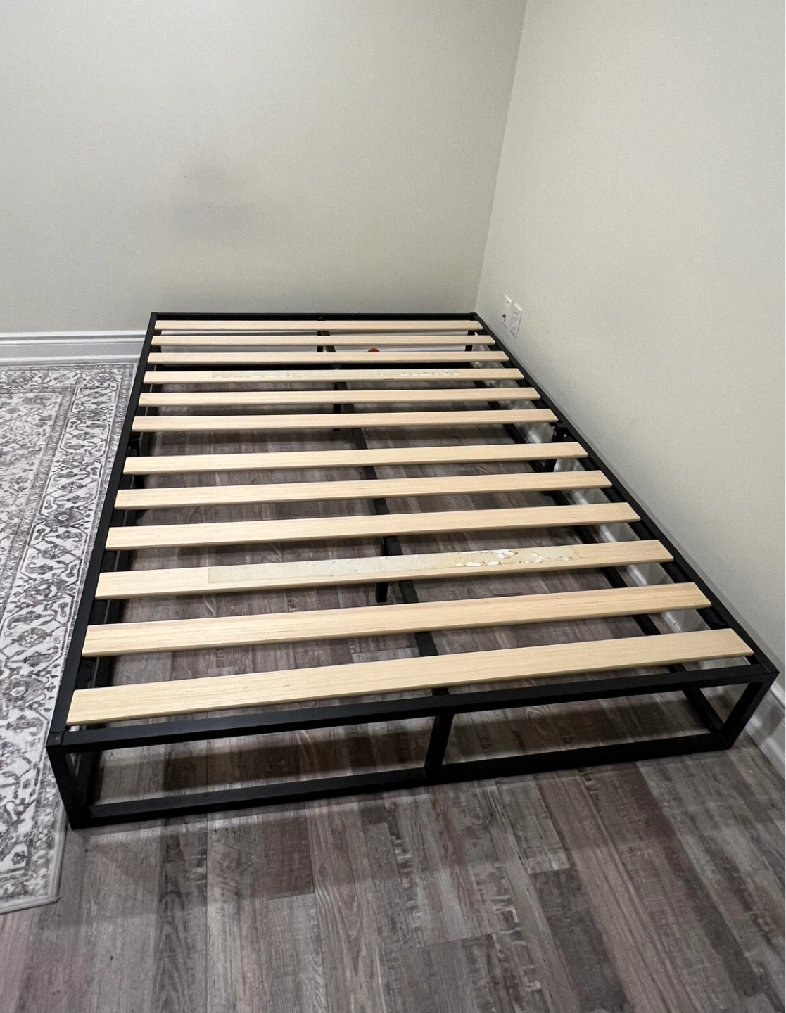 Black Metal Double Bed Frame with Wood Slats
