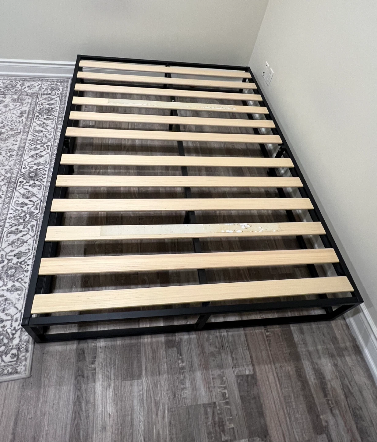 Black Metal Double Bed Frame with Wood Slats - photo 2