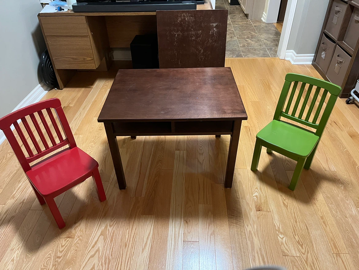 Wooden Kids Table with Red and Green Chairs