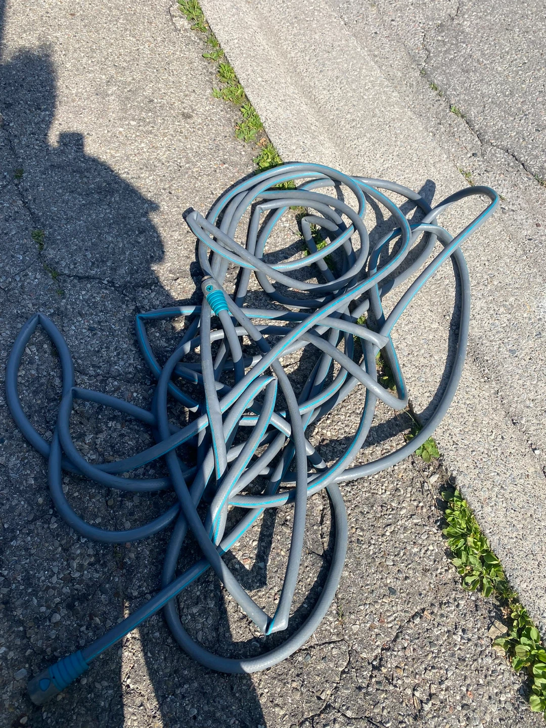 Grey garden hose with blue trim
