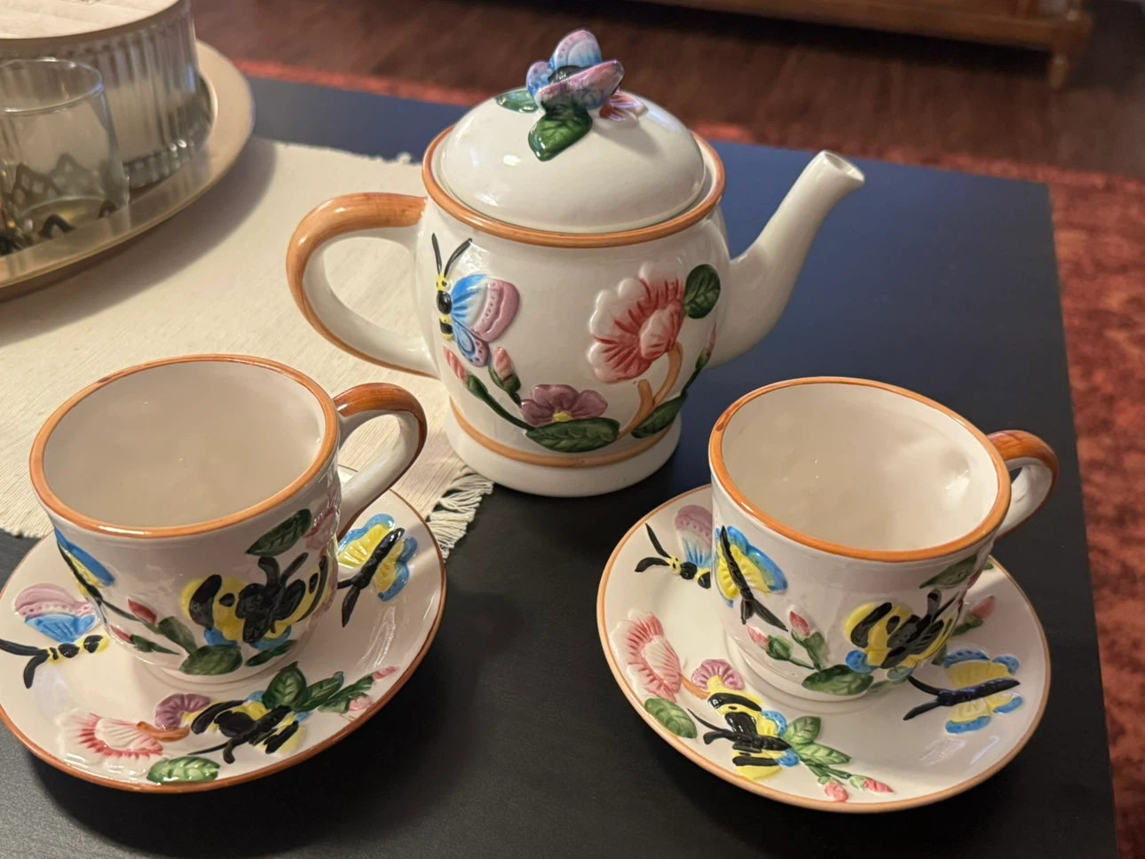 Teapot and cup set with floral and butterfly design - photo 2