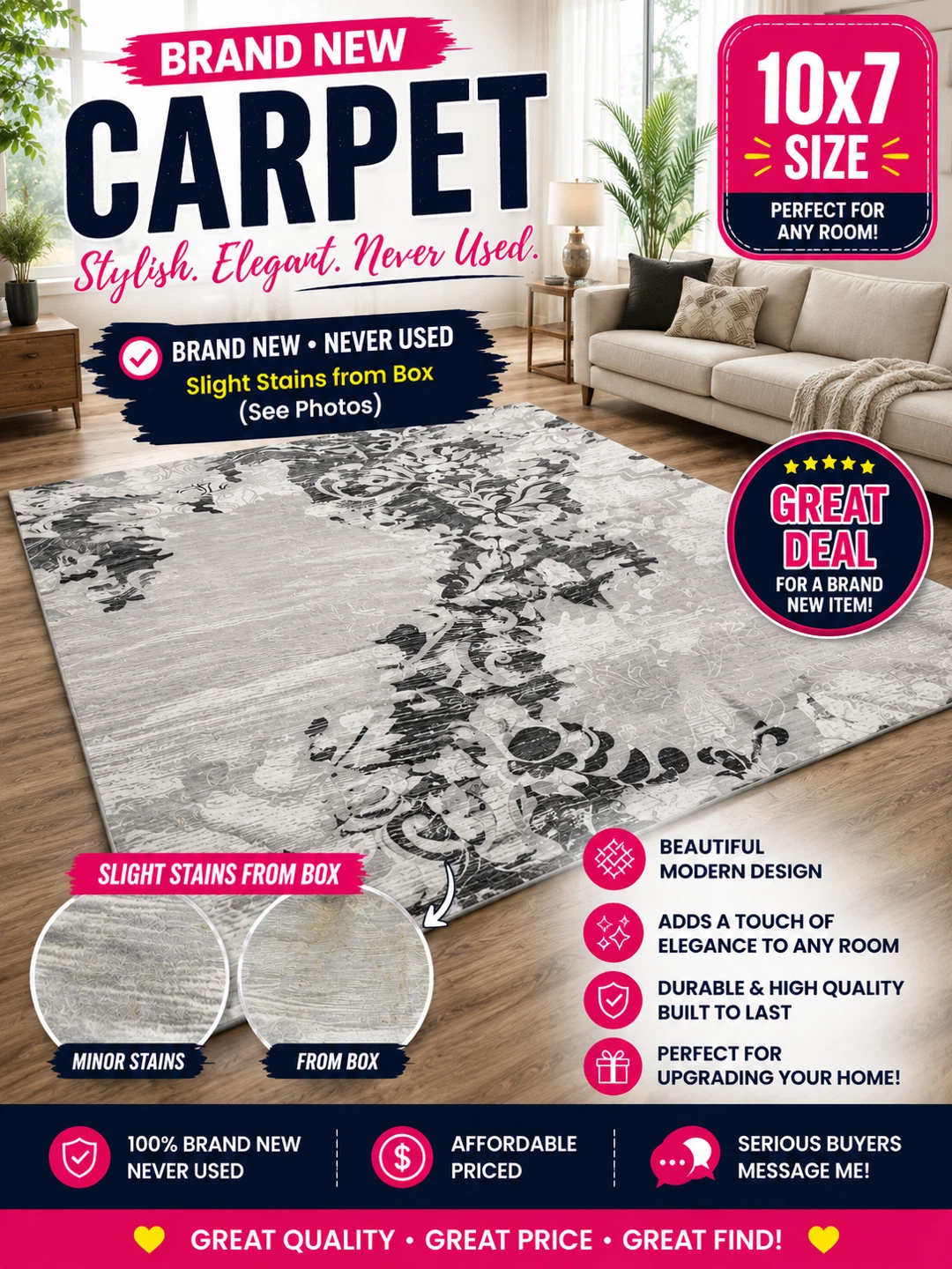 Brand New 10x7 Carpet- never used- got some stains