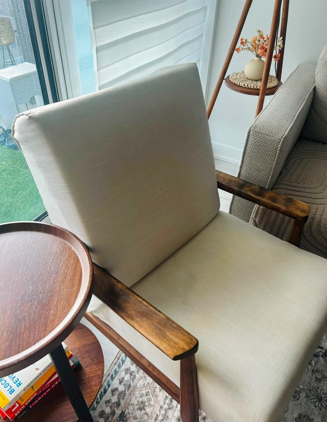 Cream Armchair with Wooden Frame