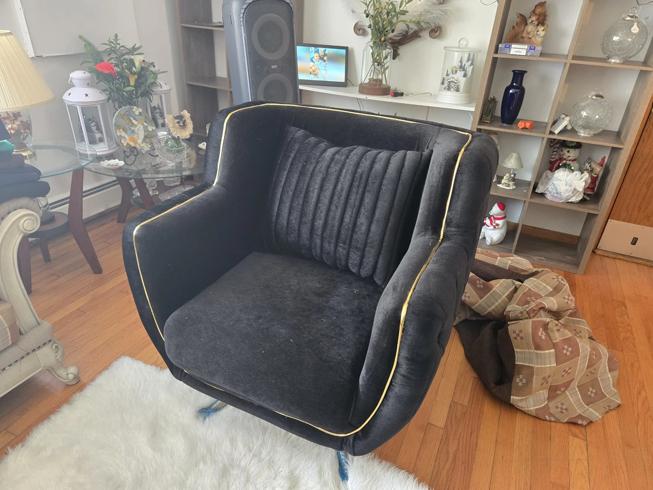 Black Velvet Accent Chair with Gold Trim