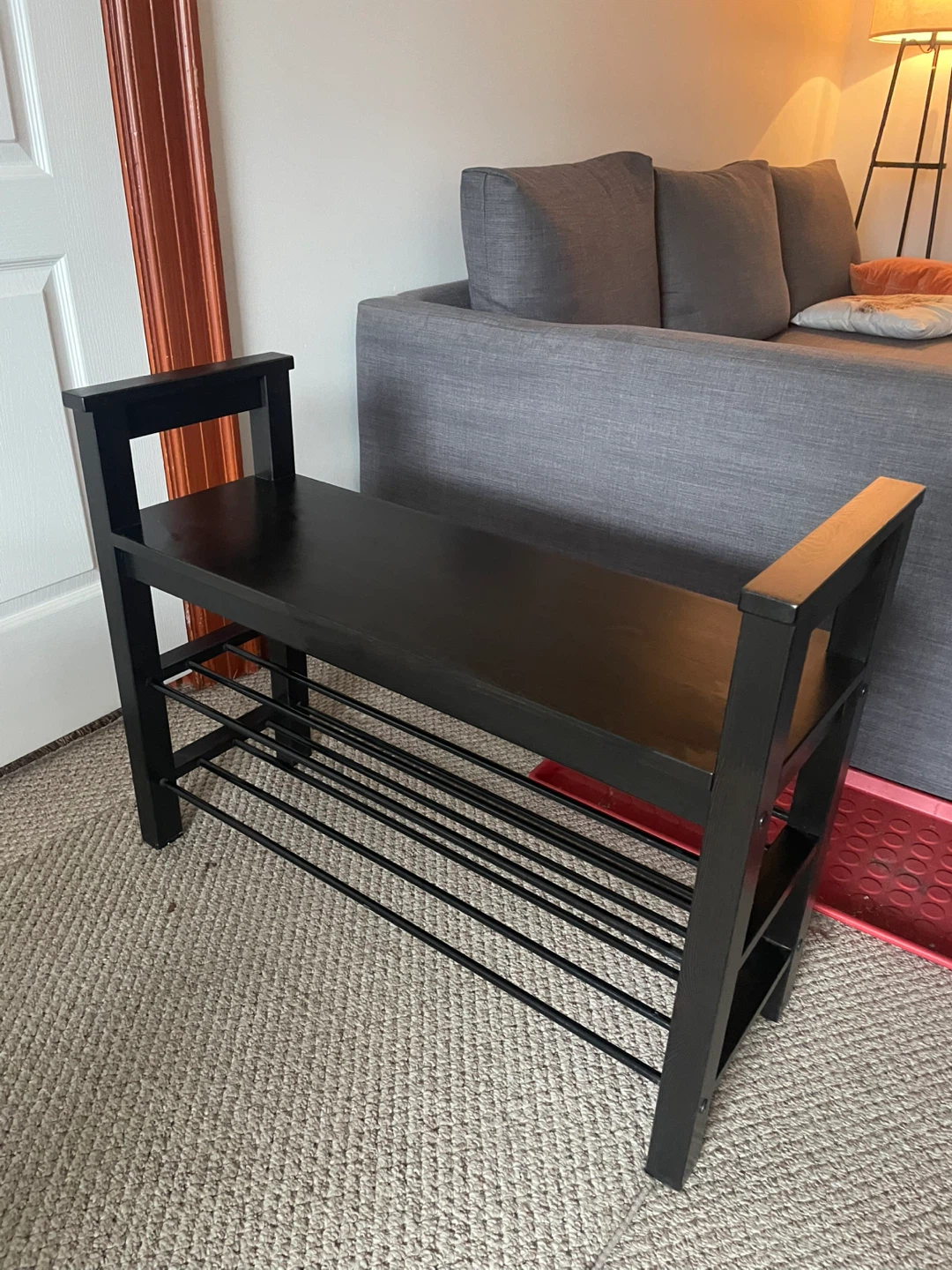 Black Wooden Shoe Bench with Metal Racks