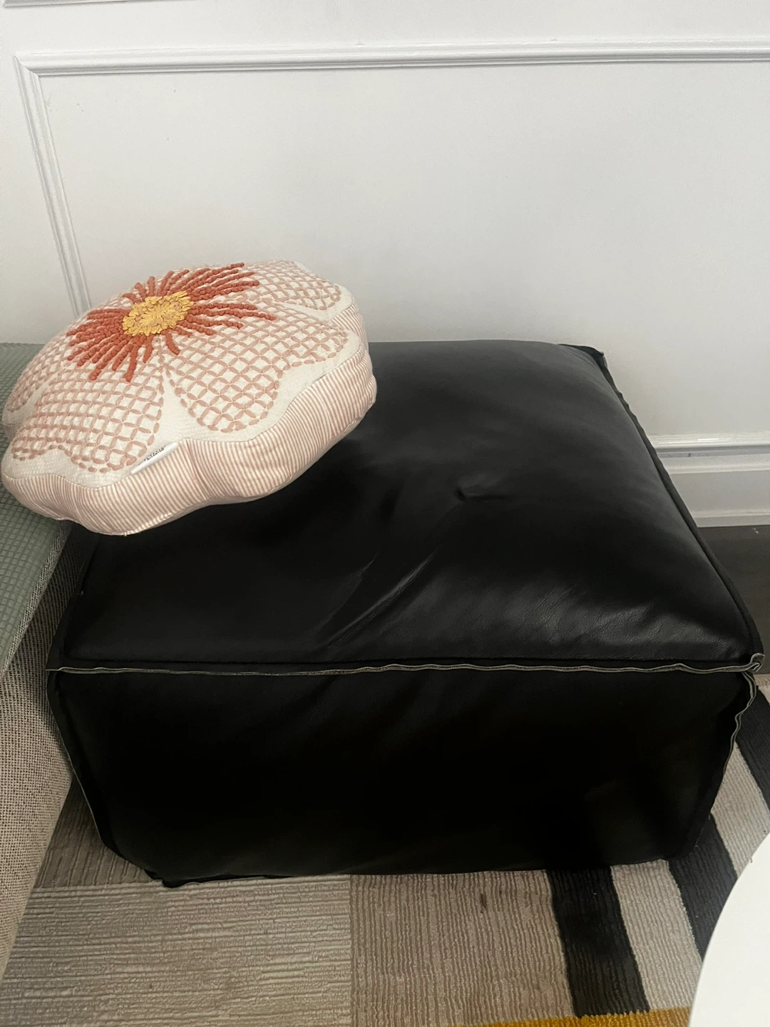 Black Faux Leather Ottoman Pouf