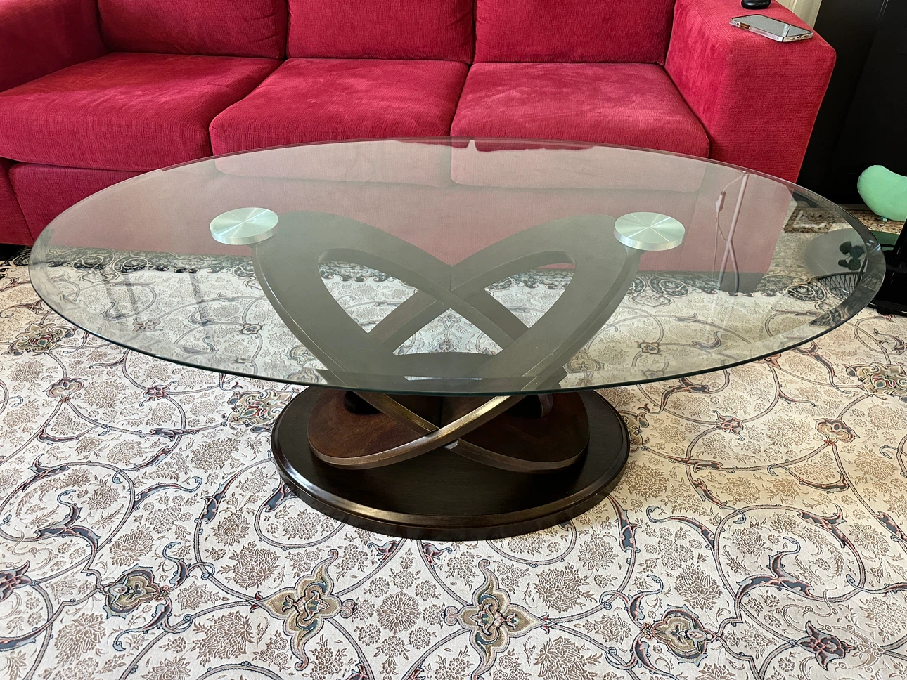 Oval Glass Coffee Table with Wood Base