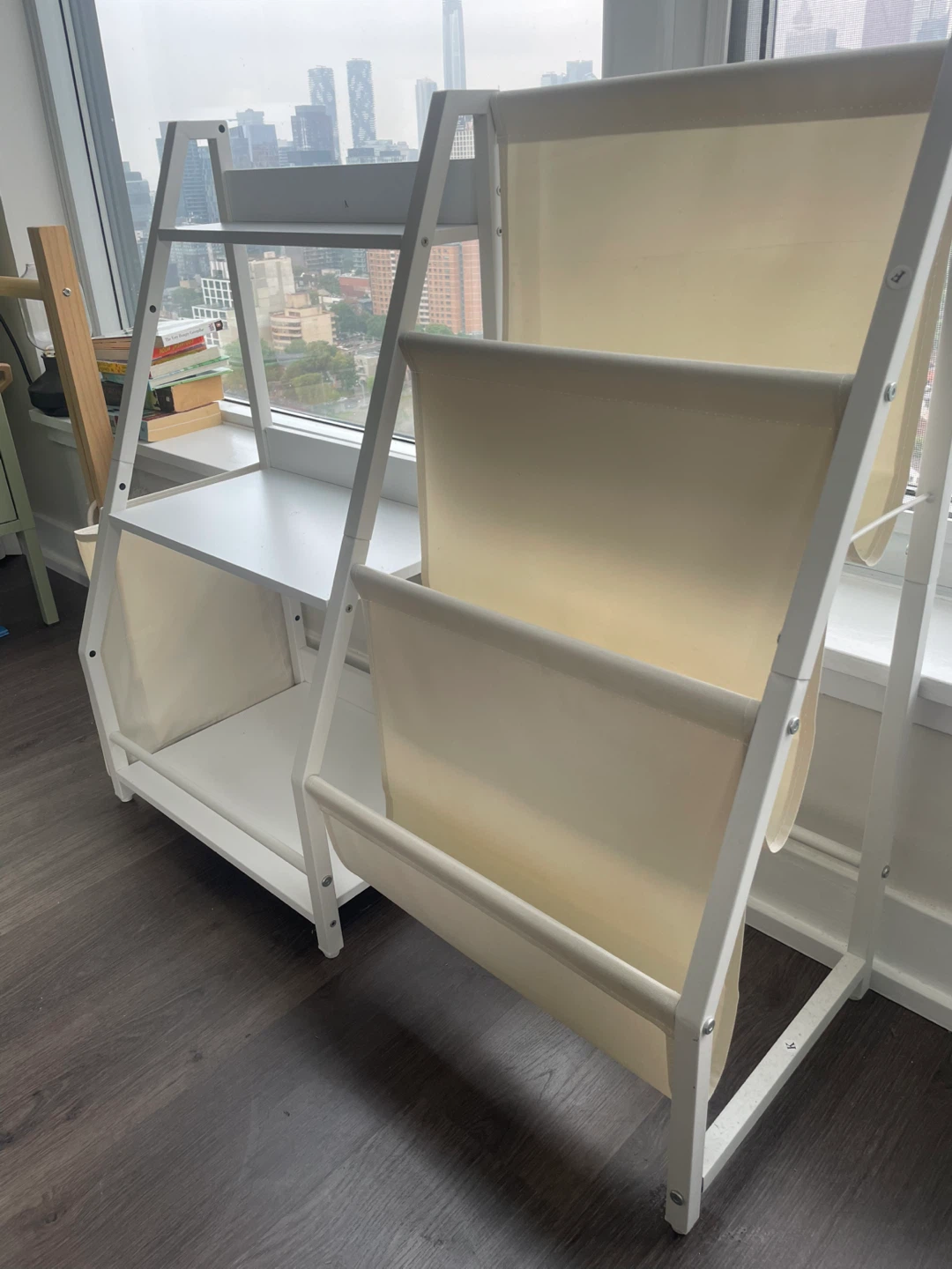 Children’s White Bookshelf with Fabric Pockets