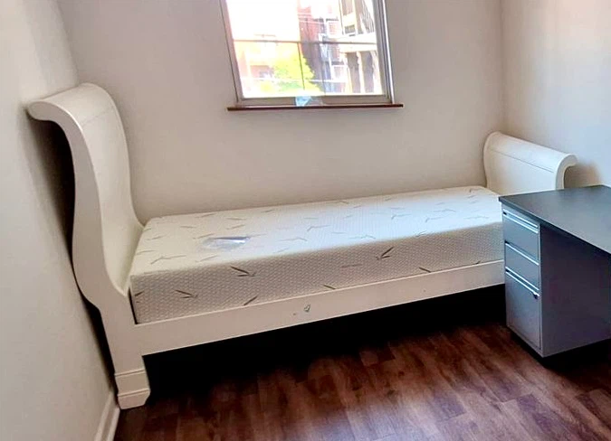 Twin Bed Frame + Mattress — White Wood Sleigh Bed (Twin)
