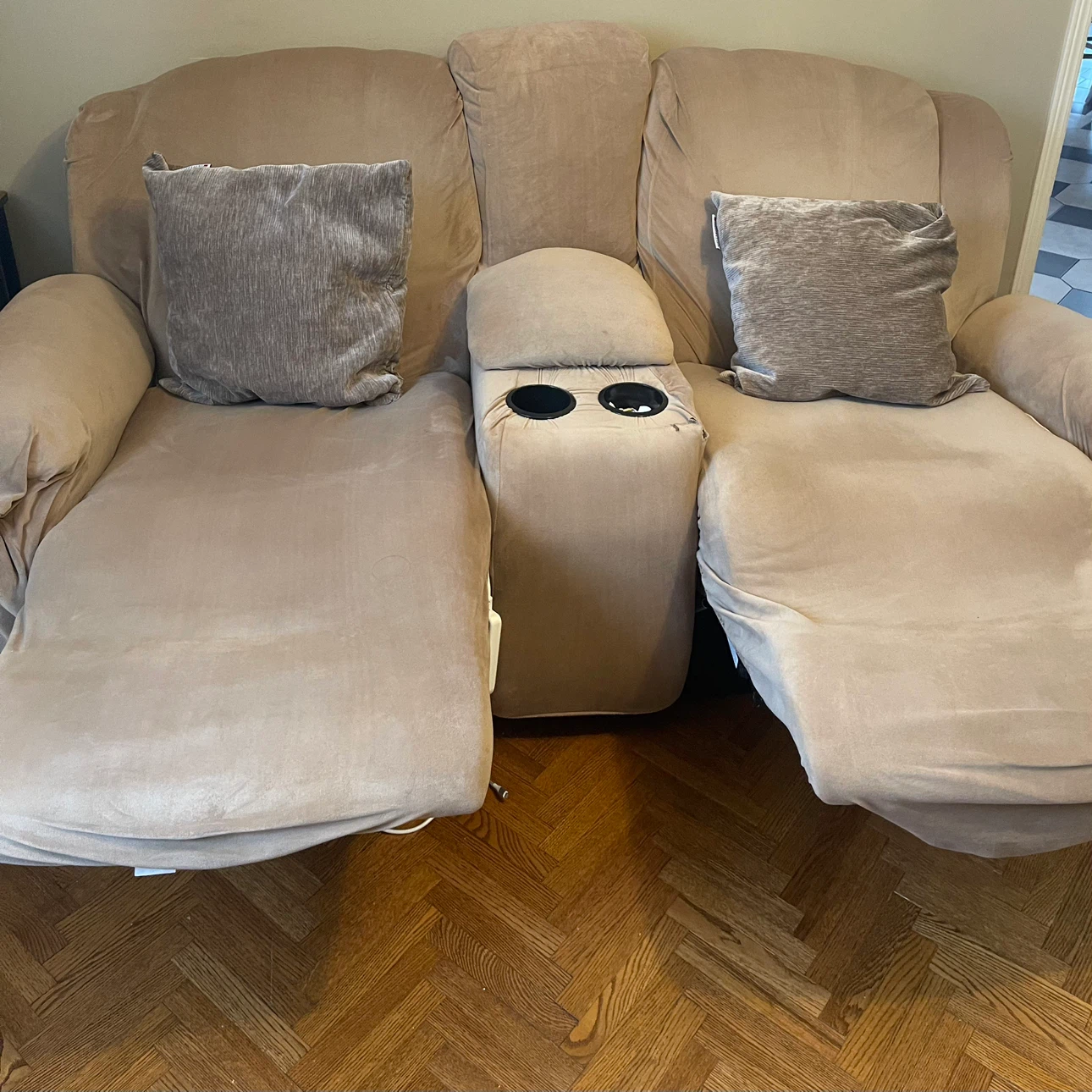 Tan Loveseat Recliner with Cup Holders
