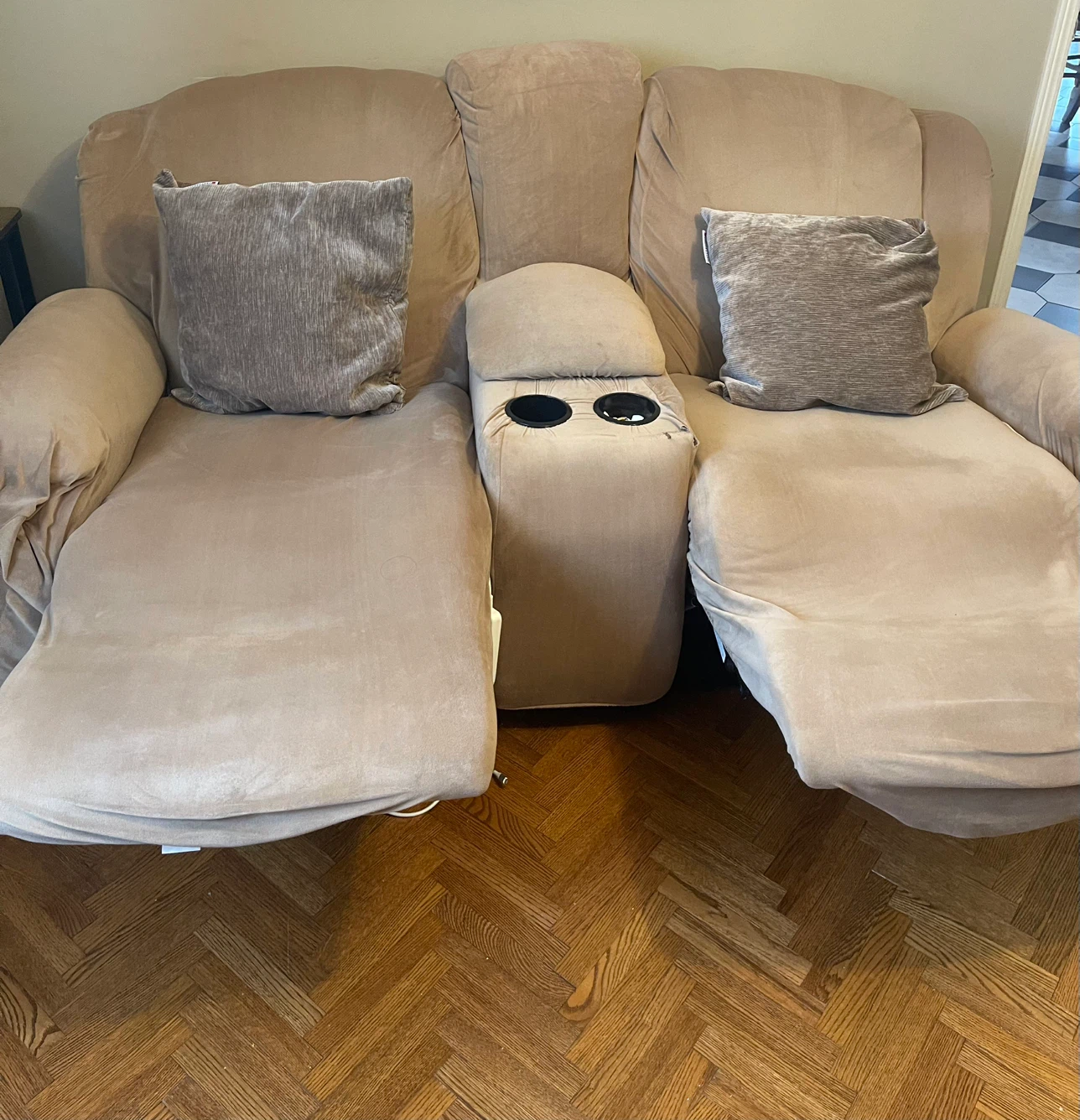Tan Loveseat Recliner with Cup Holders - photo 2