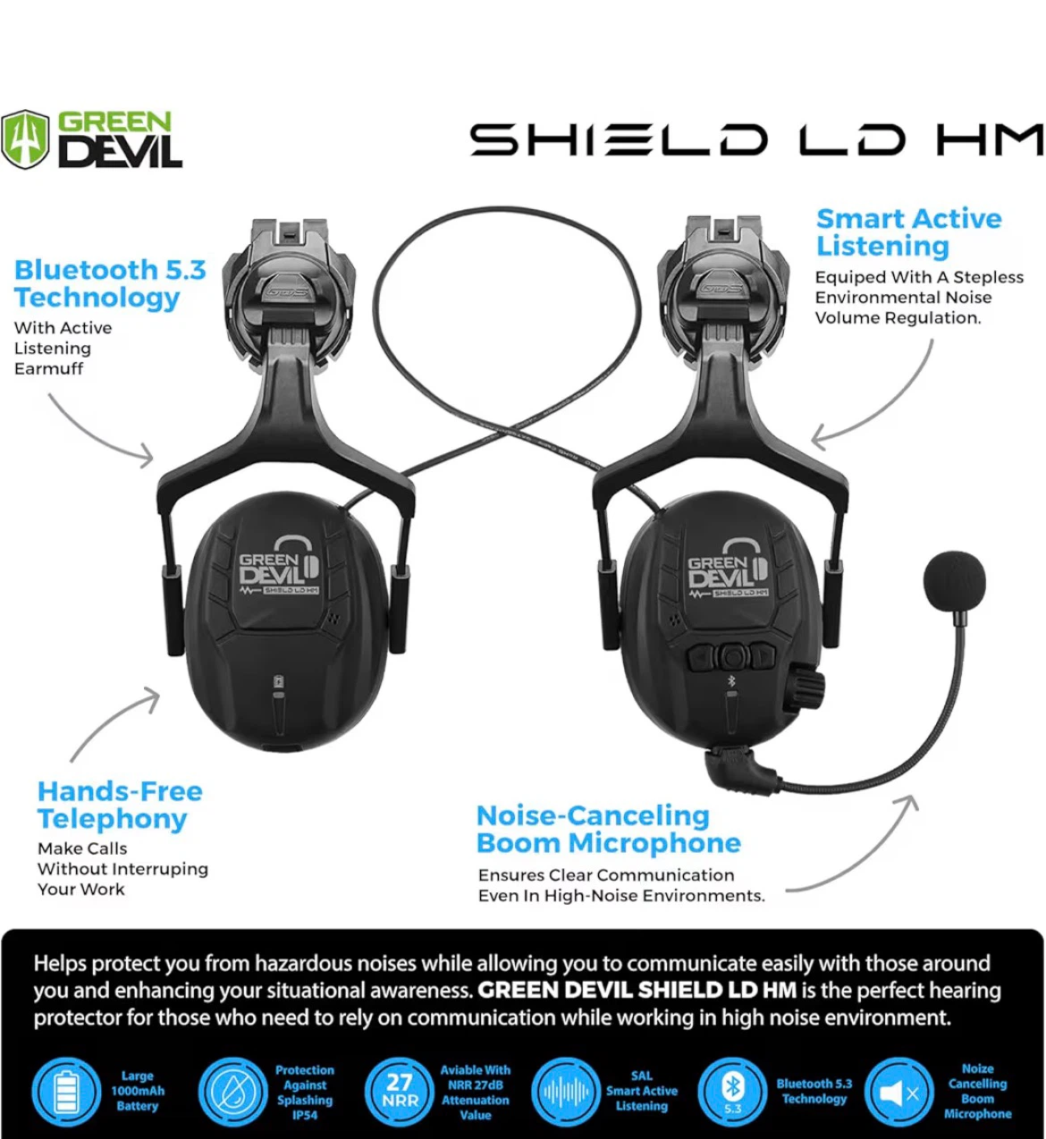 Green Devil Shield LD HM Safety Helmet with Bluetooth Earmuffs - photo 2