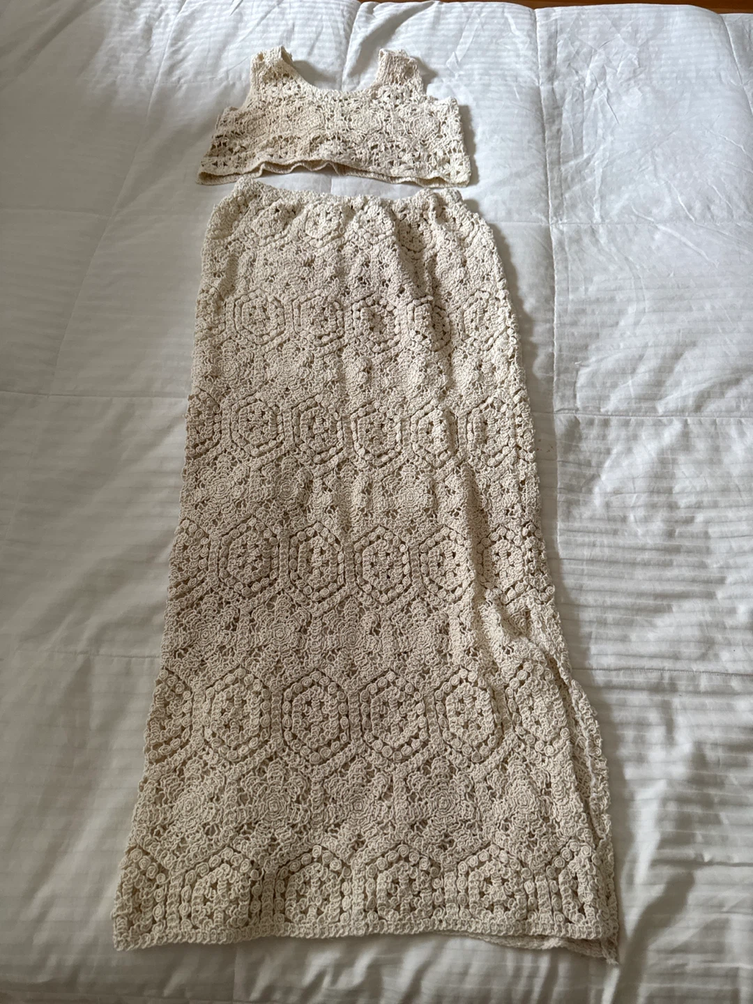 Cream Crochet Top and Maxi Skirt Set