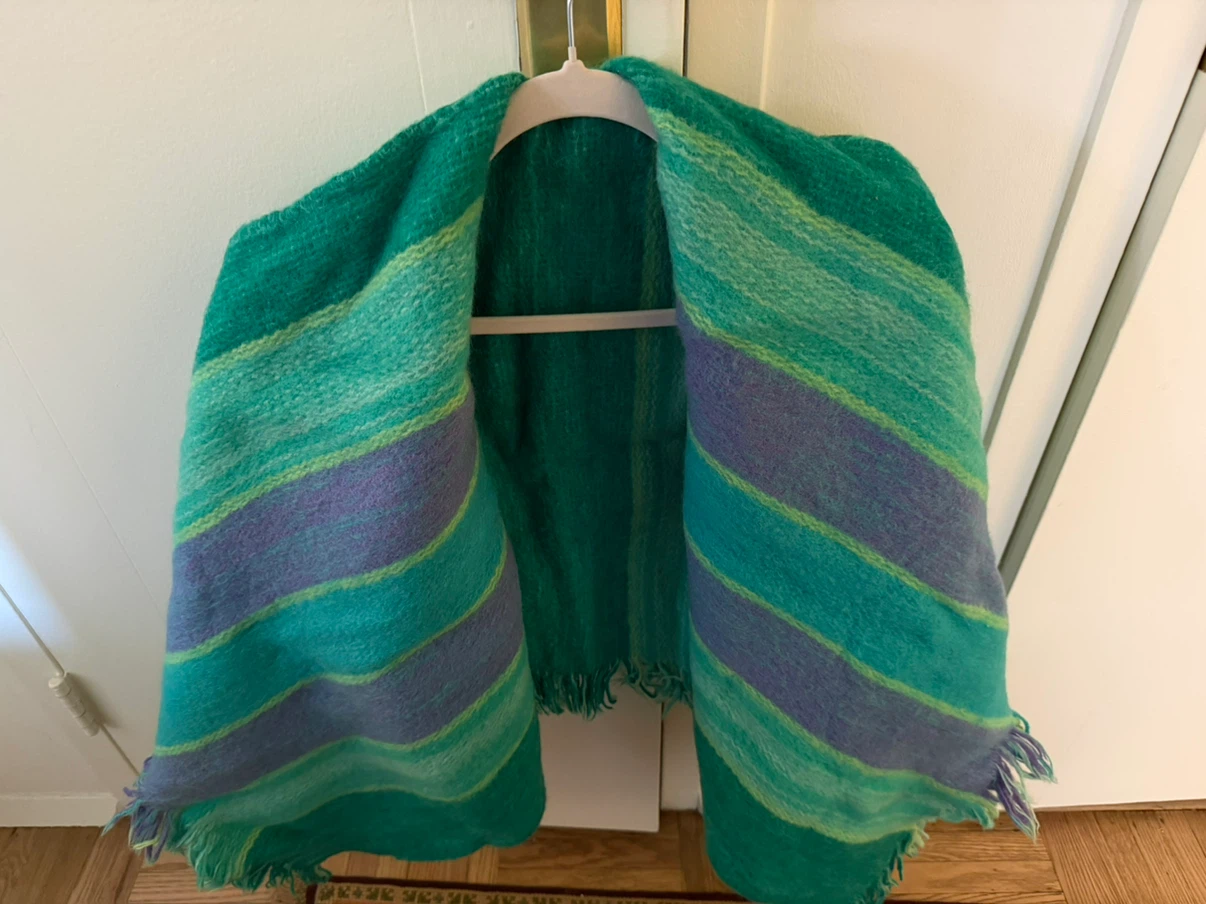 Peruvian Green Striped Woven Shawl Poncho or Blanket