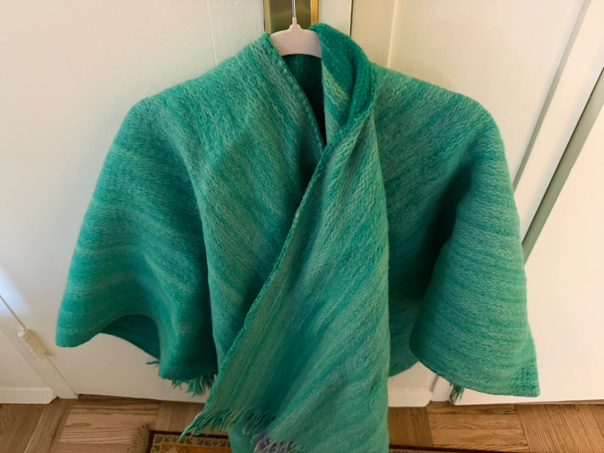 Peruvian Green Striped Woven Shawl Poncho or Blanket - photo 2
