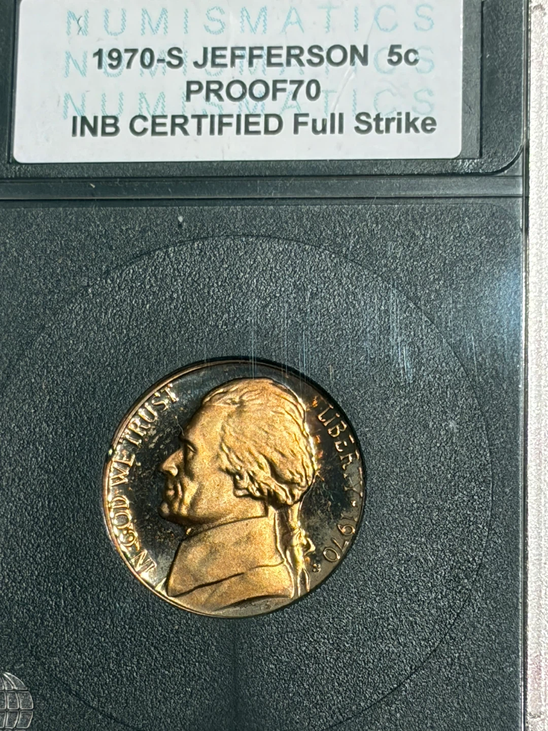 1970-S Jefferson 5c PROOF70 INB CERT FULL STRIKE Coin - photo 2