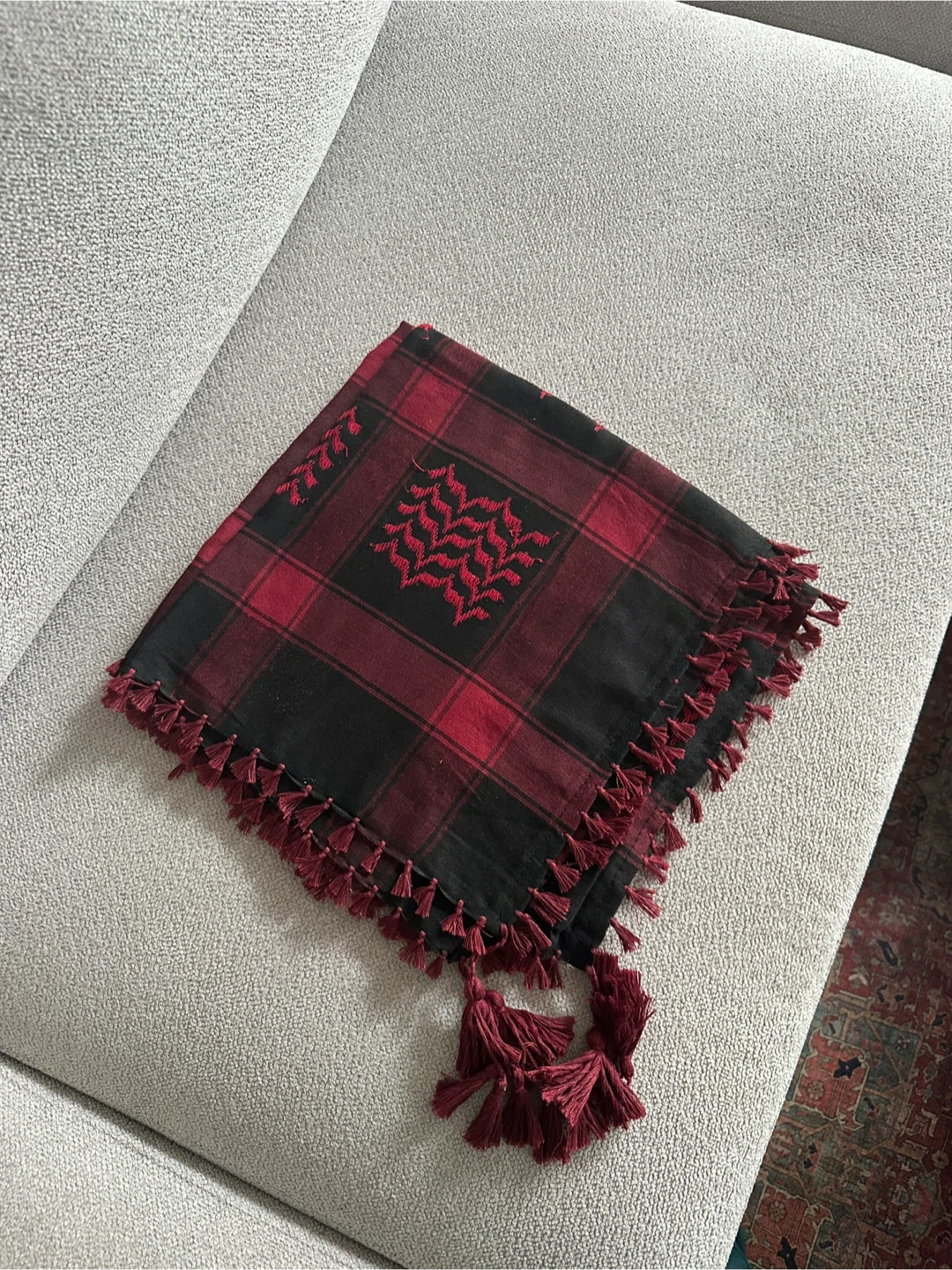 Red and Black Plaid Scarf with Tassels