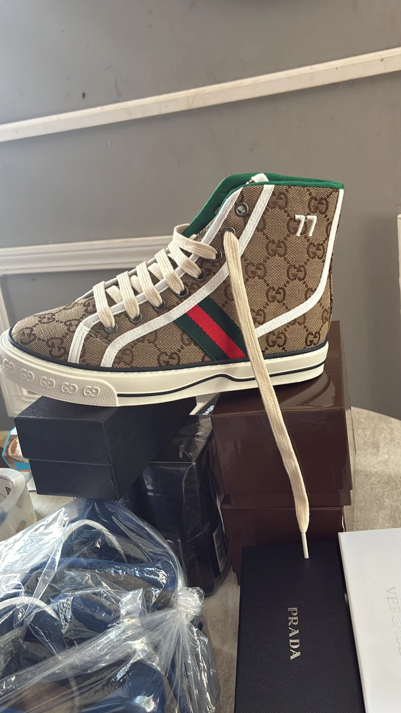 Gucci GG Monogram High Top Sneakers with Green and Red Stripe