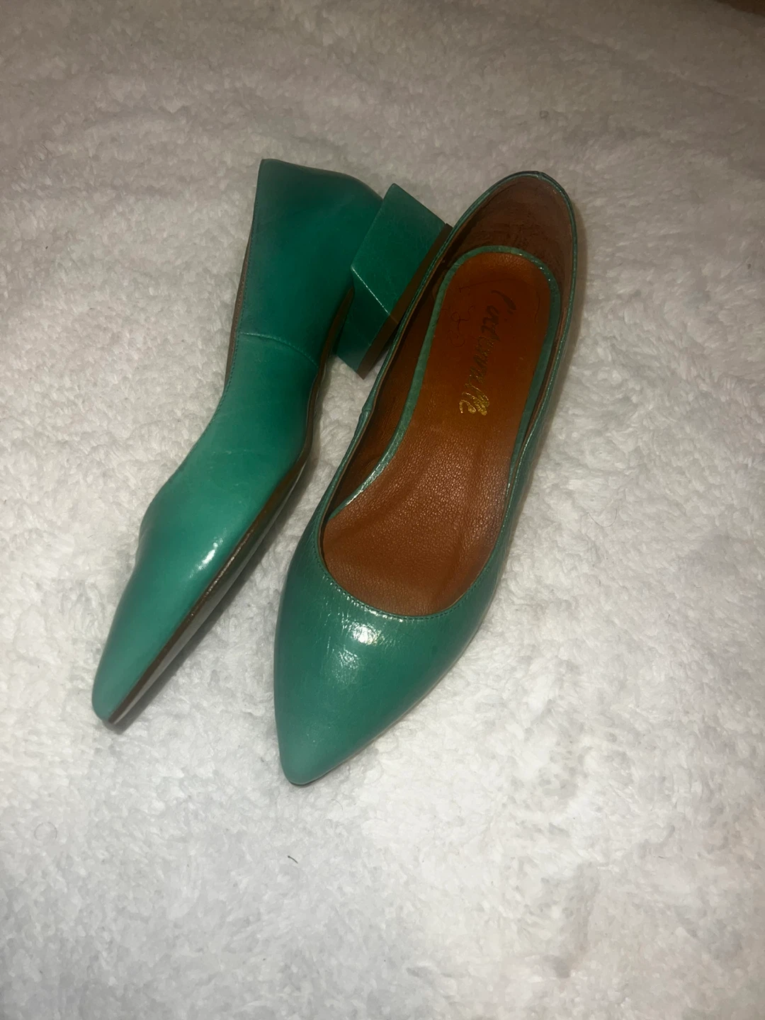 C'est Moi Teal Leather Block Heels