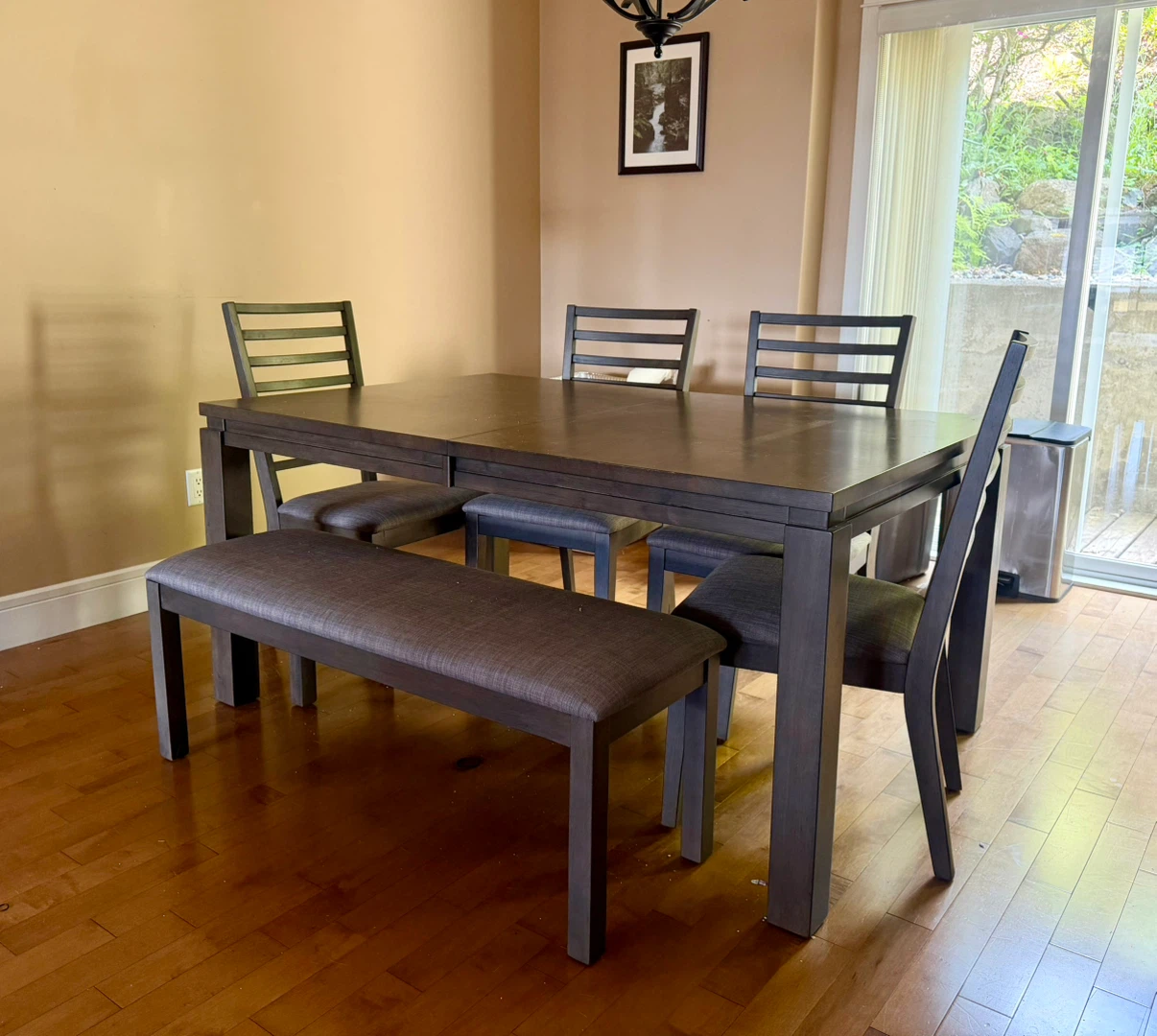 Dark Wood Dining Table with Bench and Chairs