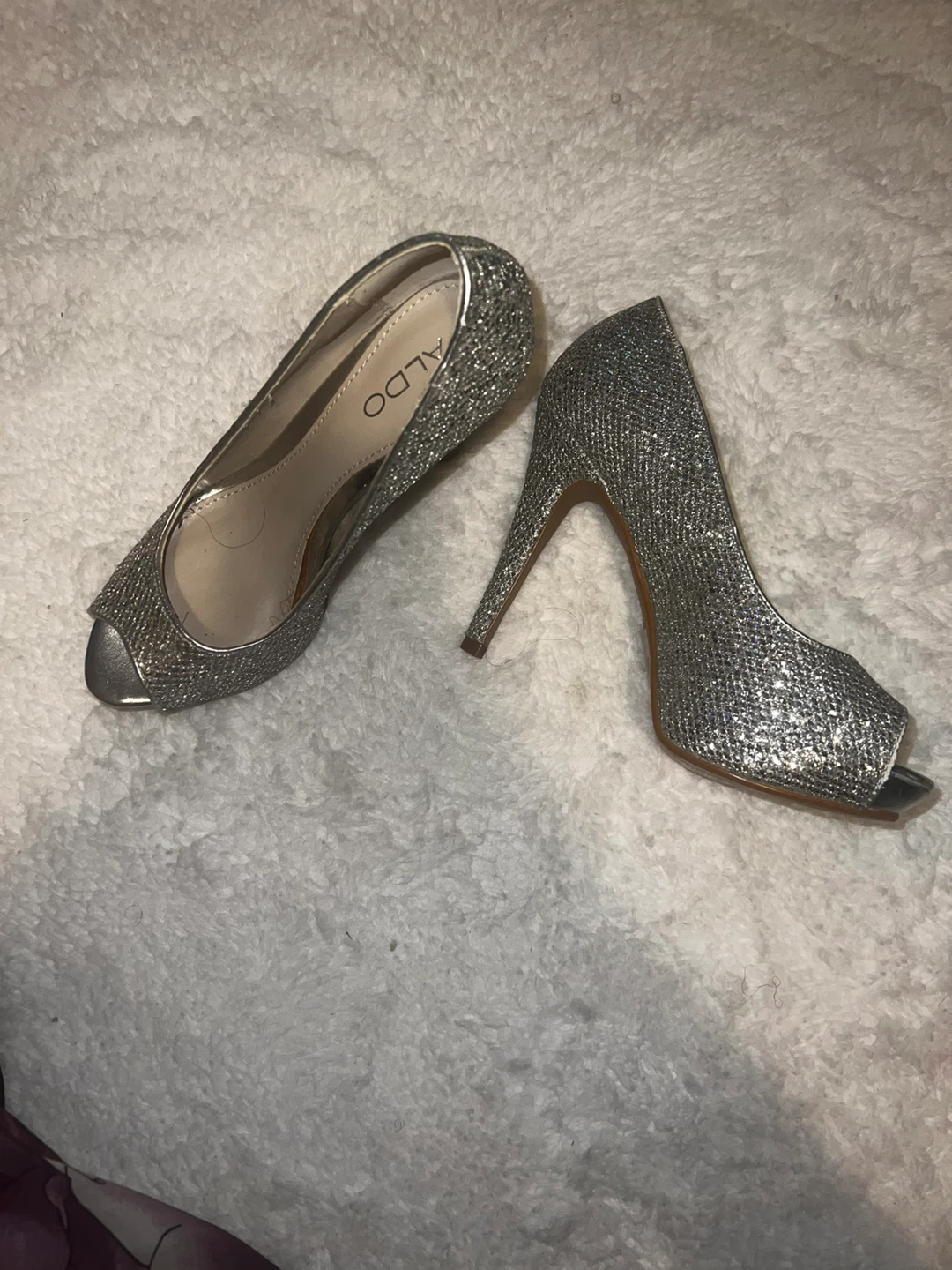ALDO Silver Glitter Peep-Toe Heels