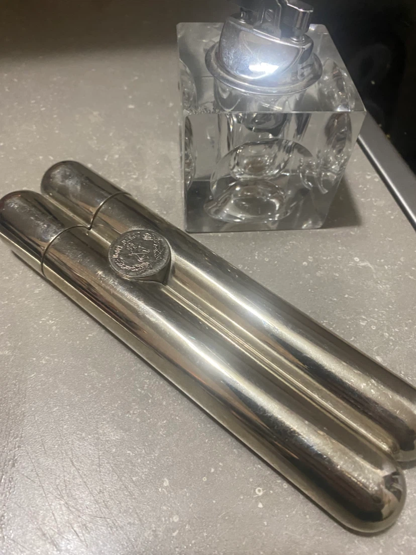 Vintage Metal Cigar Tube Holder and flask