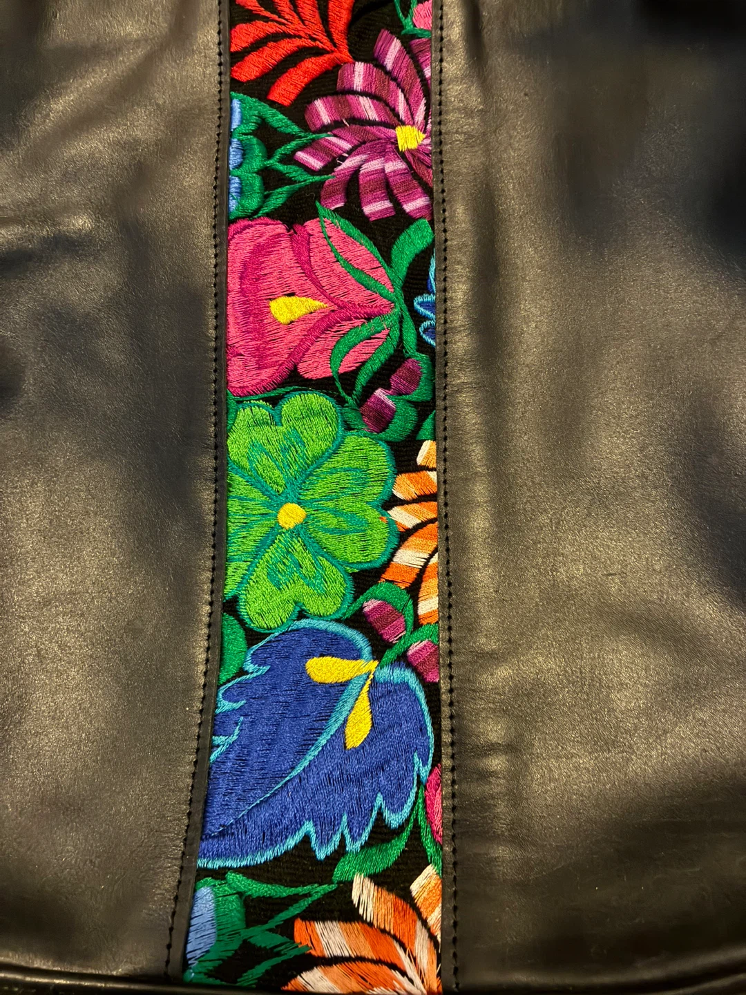 Black Leather Tote Bag with Embroidered Floral Stripe