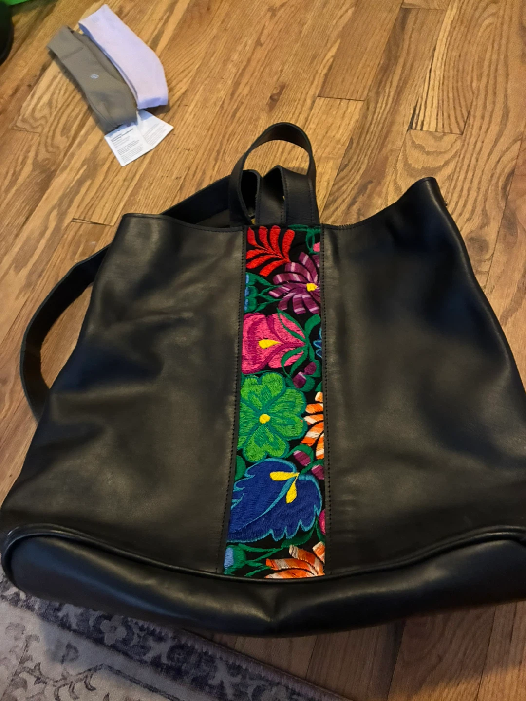 Black Leather Tote Bag with Embroidered Floral Stripe - photo 2