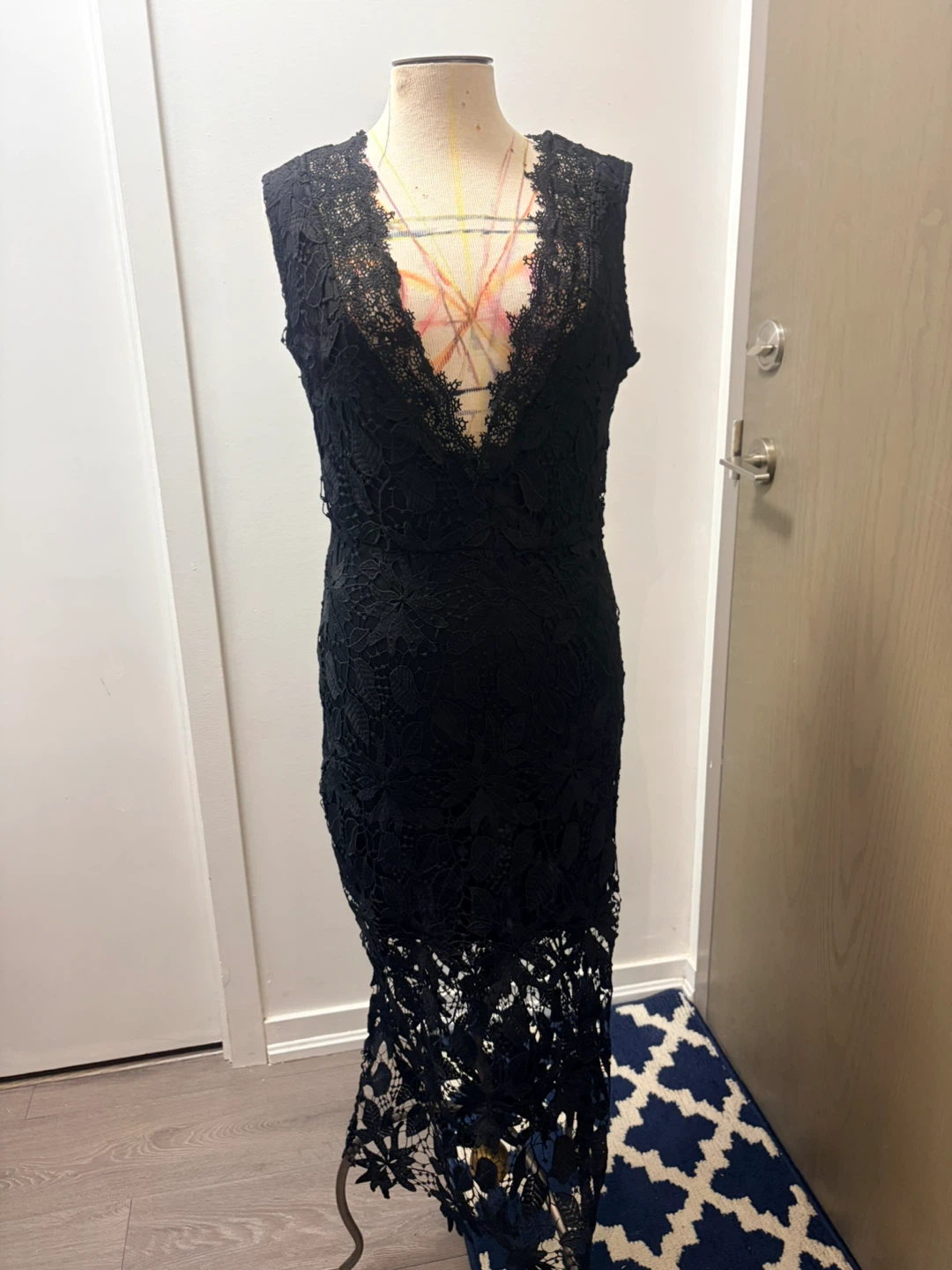 Black plunging neckline Lace Midi Dress