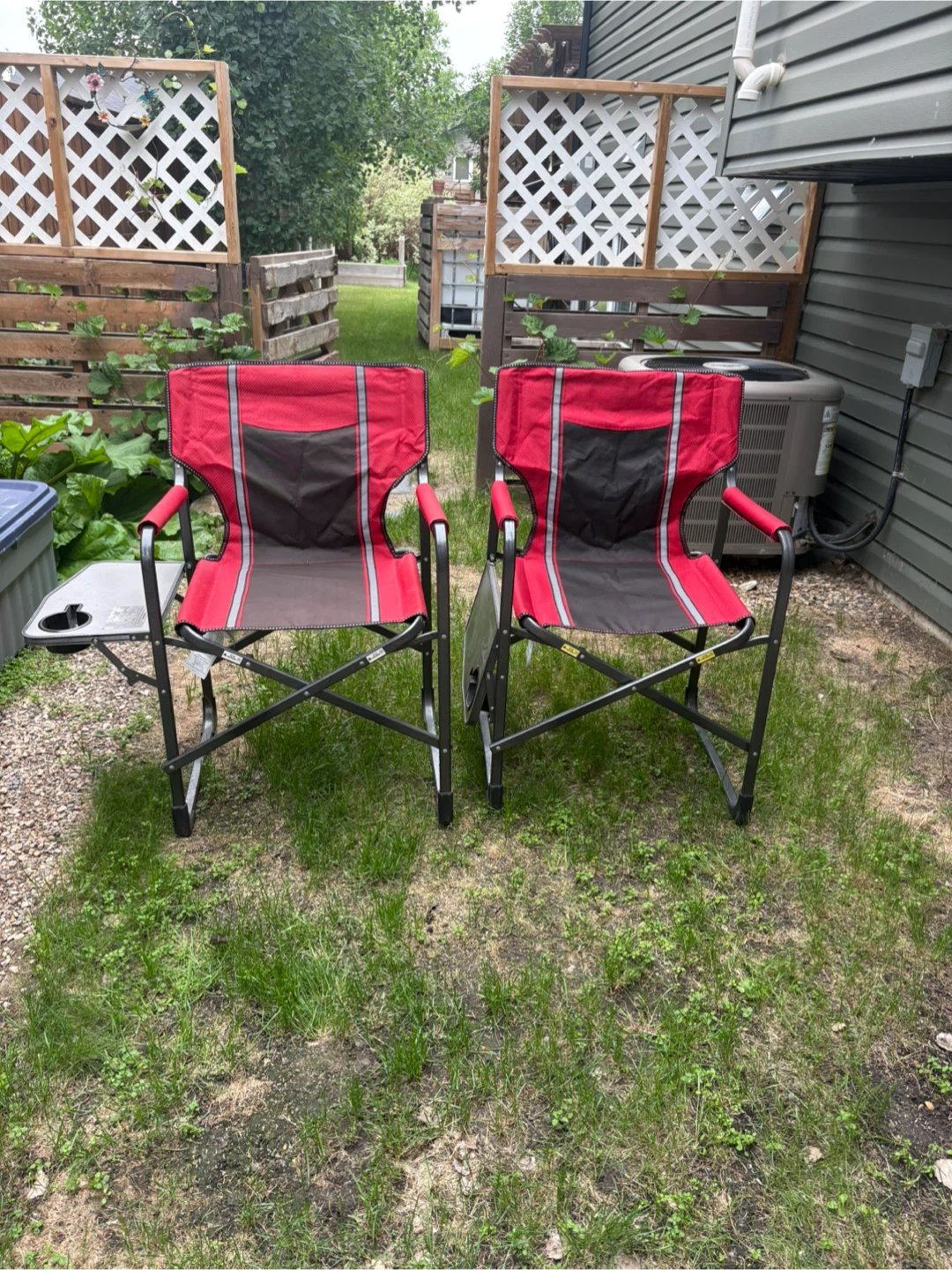Two Red and Black Folding Camp Chairs with Side Table