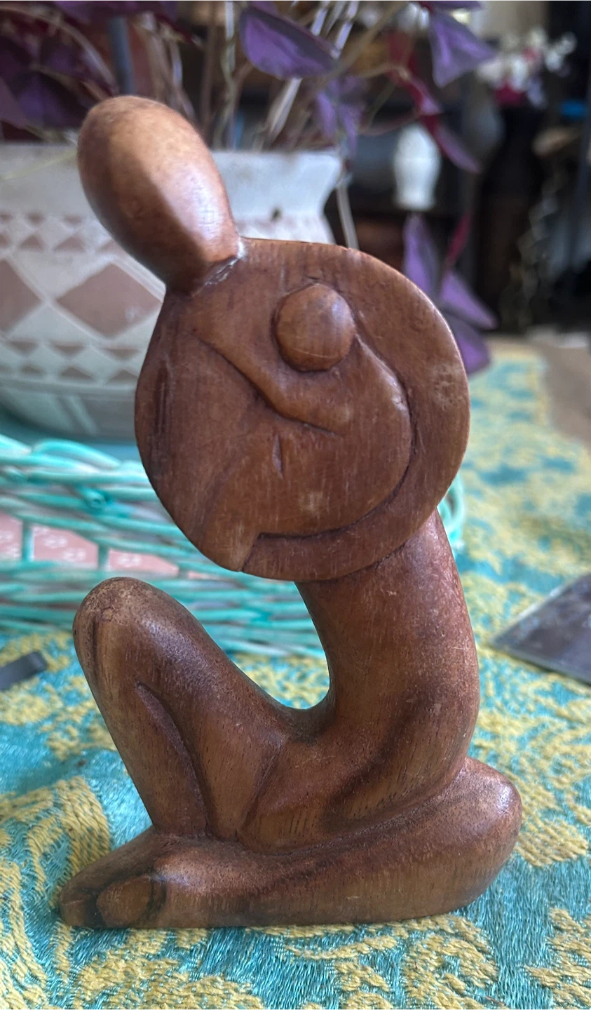 Vintage Hand Carved Suar Wood Mother and Child Sculpture