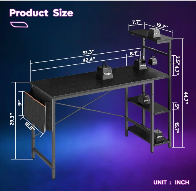 New Bestier 51.3" Gaming Computer Desk with LED Lights – Black - photo 2