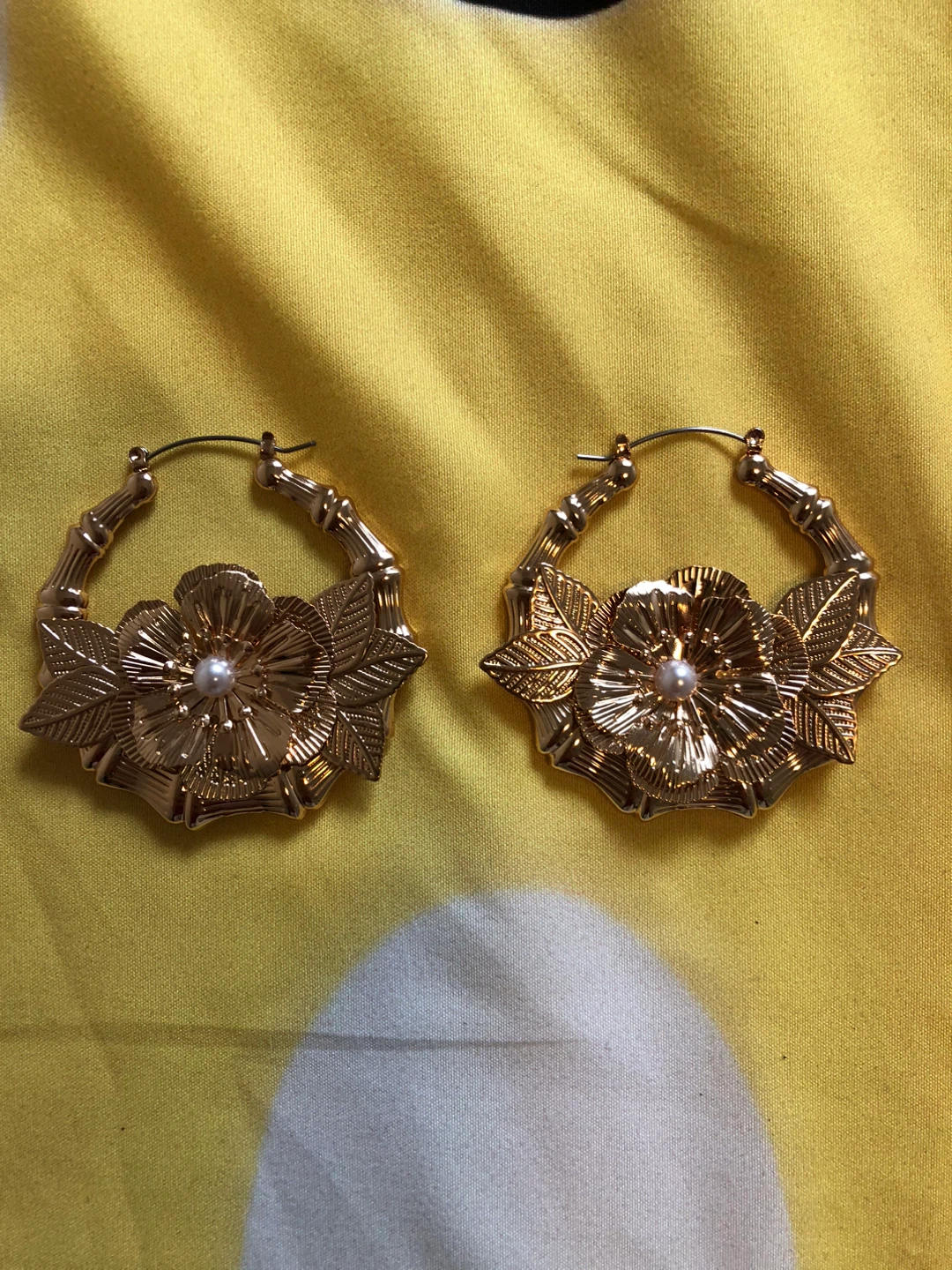 Gold Bamboo Hoop Earrings with Flower and Pearl Accent