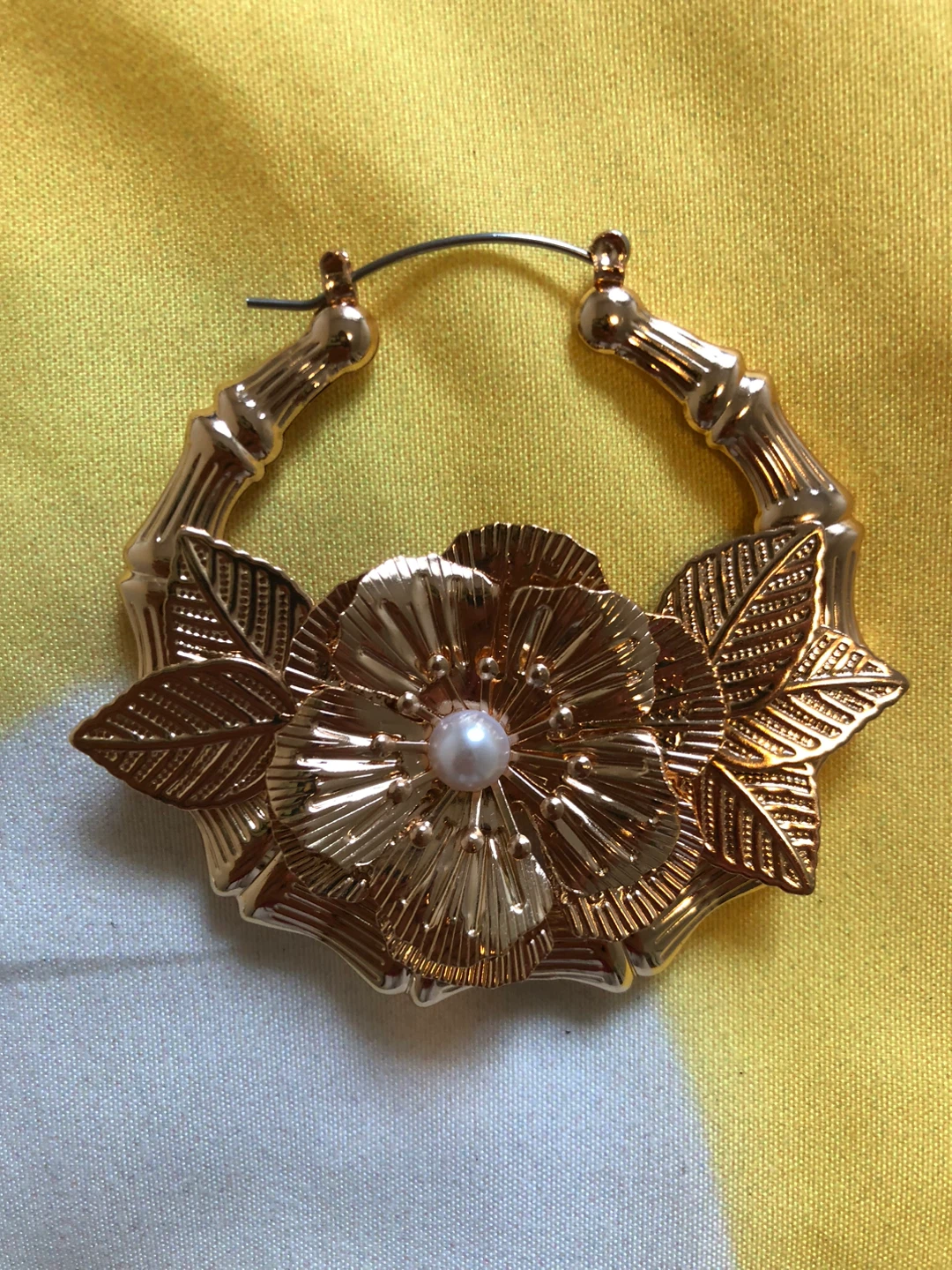 Gold Bamboo Hoop Earrings with Flower and Pearl Accent - photo 2