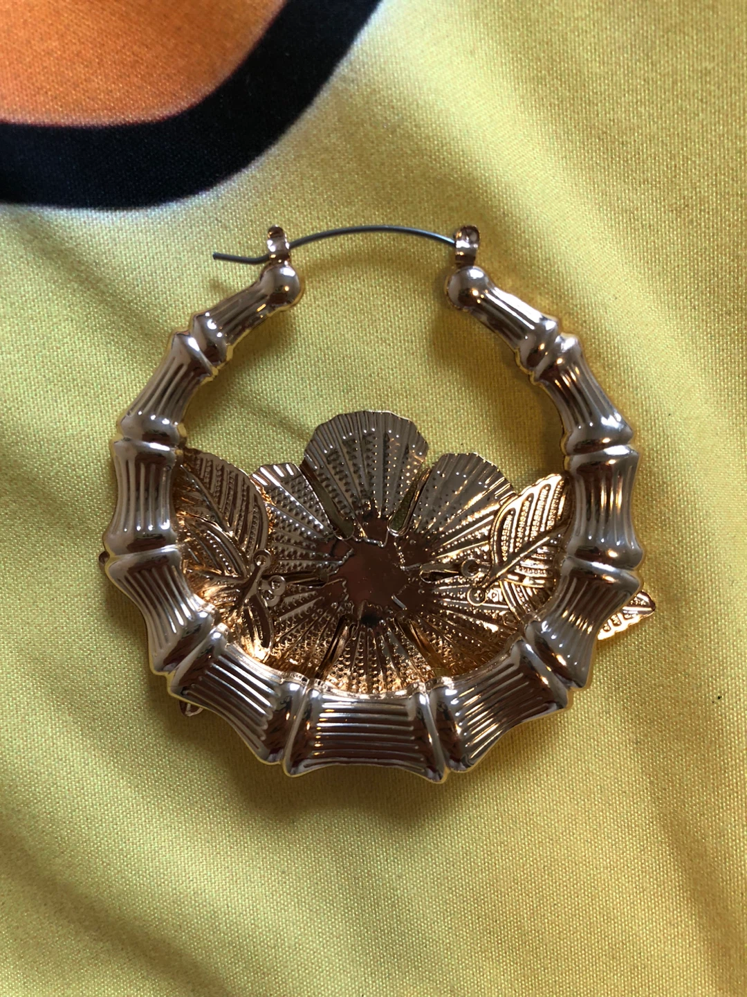 Gold Bamboo Hoop Earrings with Flower and Pearl Accent - photo 3