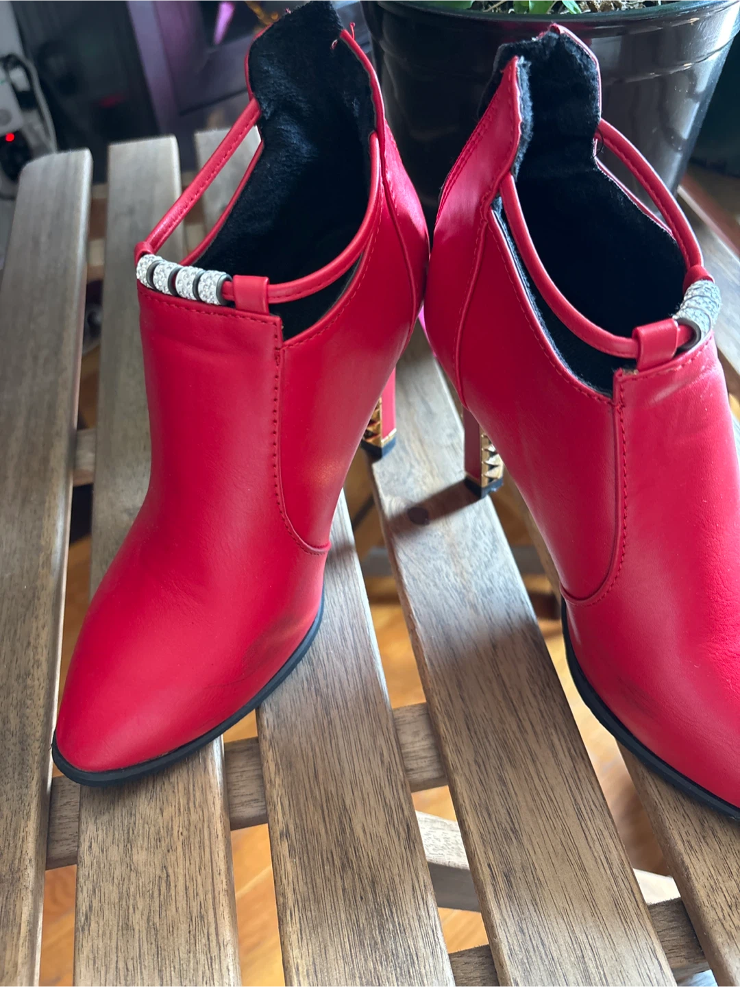 Red Stiletto Ankle Boots with Embellishment