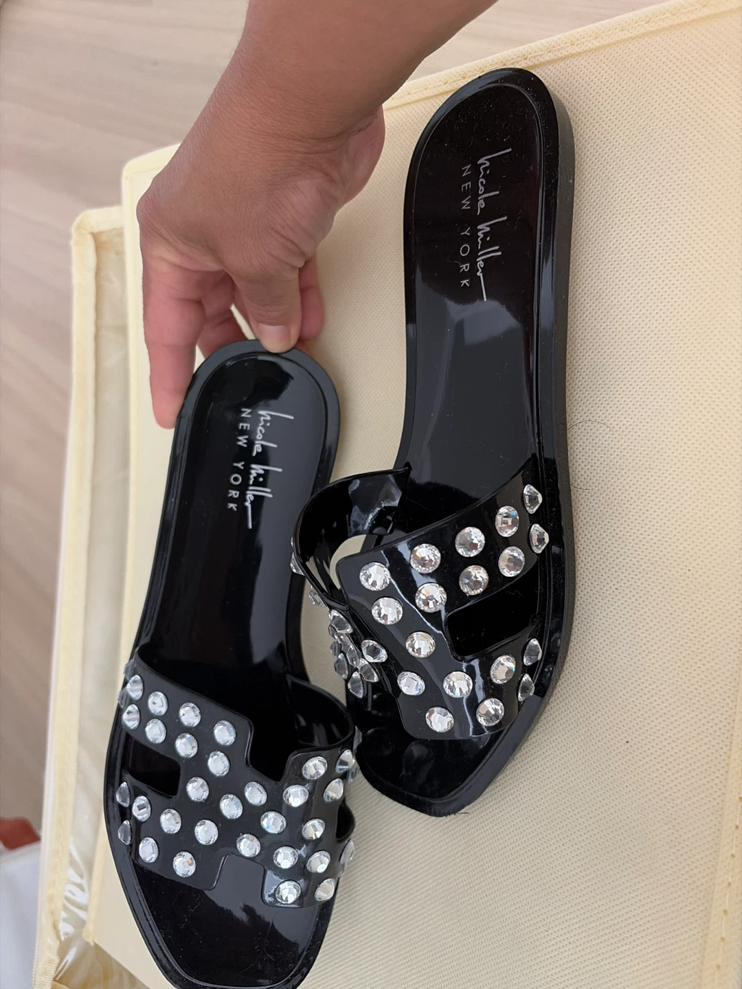 Nicole Miller Black Embellished Slides Size 6