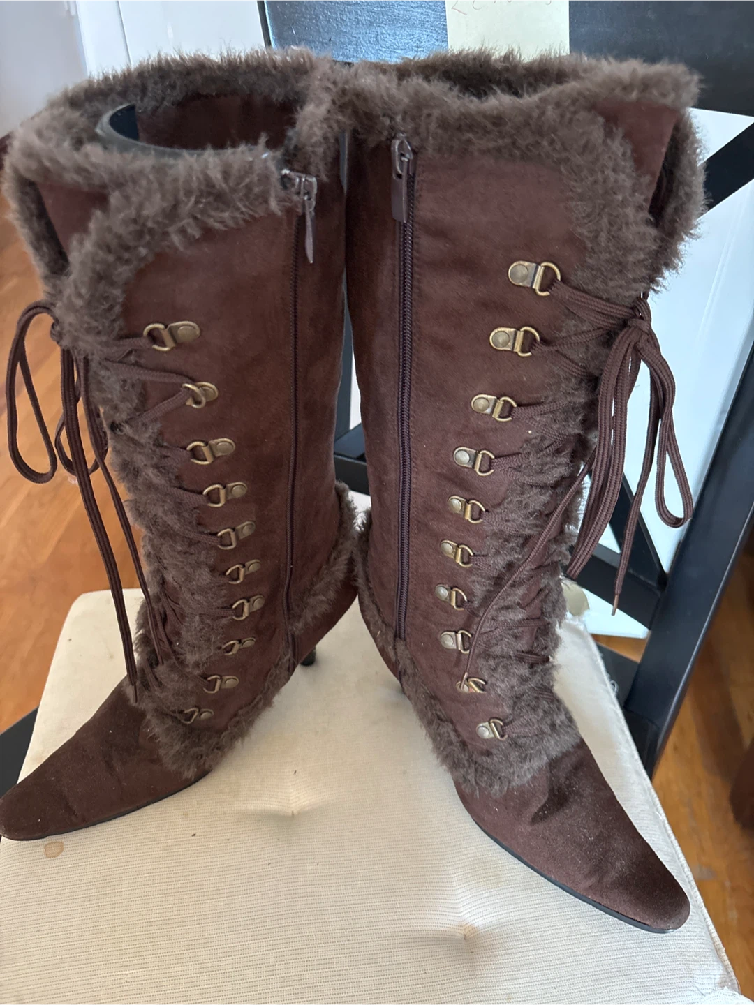 Women's Brown Faux Fur Lace-Up Boots