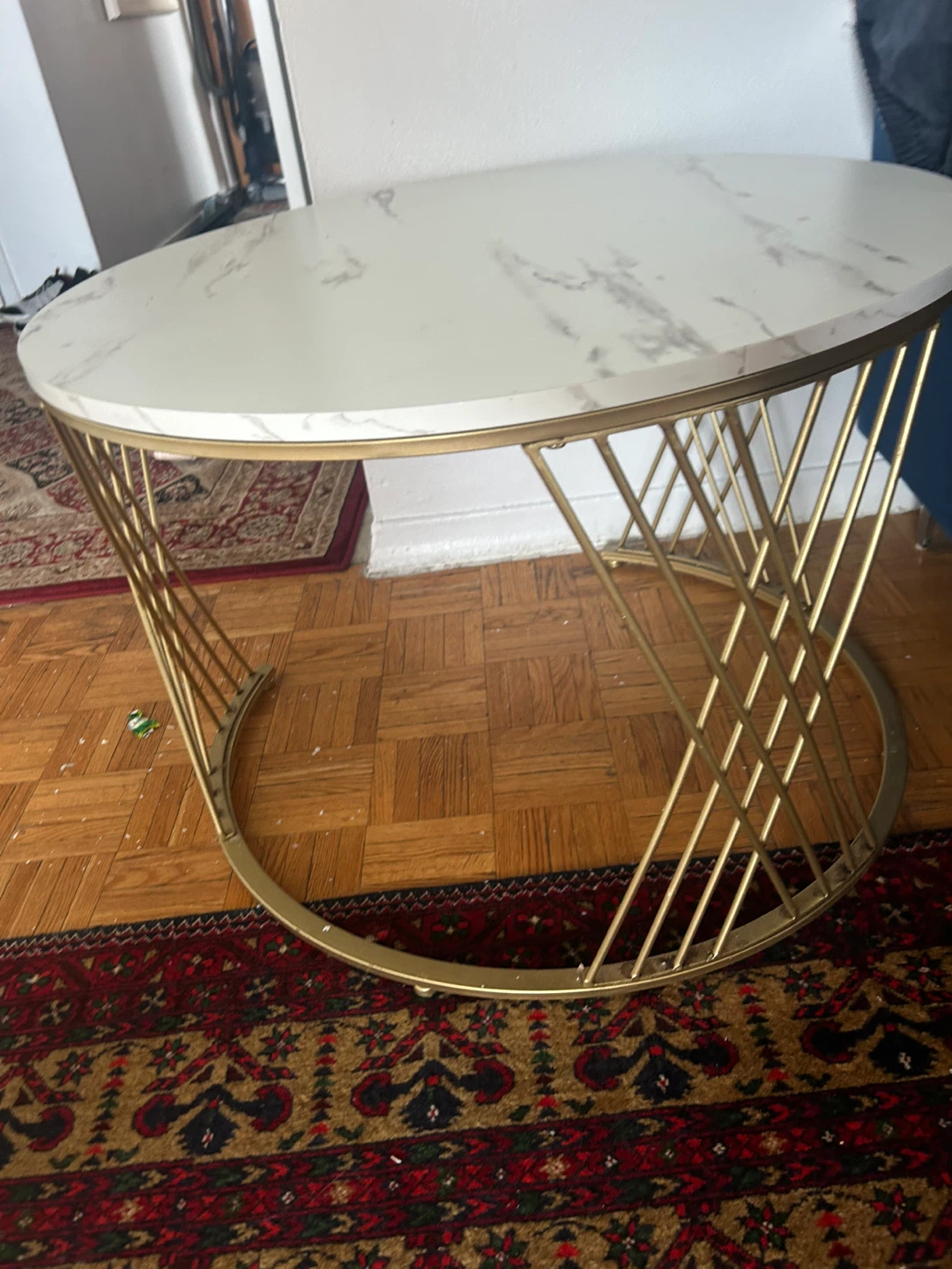 Round Marble-Look Coffee Table with Gold Base