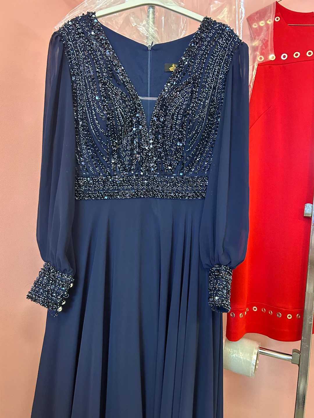 Beaded Navy Blue Long Sleeve Gown - photo 3