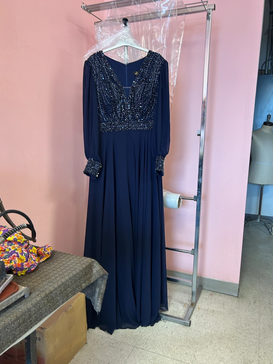 Beaded Navy Blue Long Sleeve Gown - photo 4
