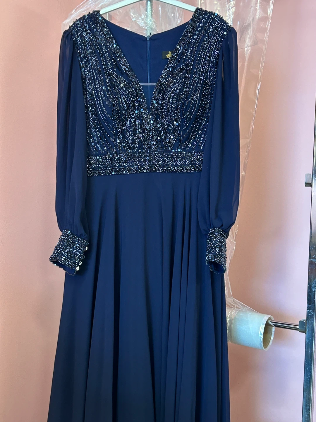 Beaded Navy Blue Long Sleeve Gown - photo 5