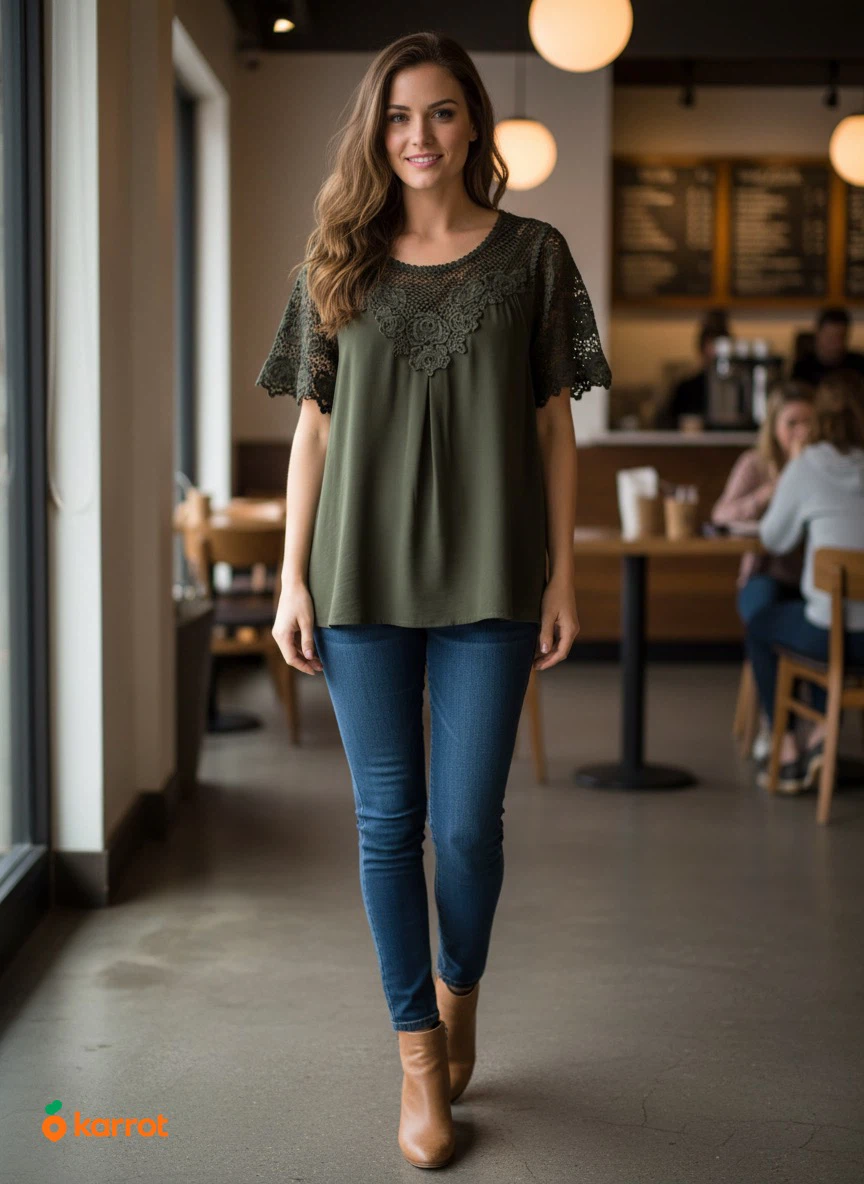 Olive Green Lace Trim Blouse