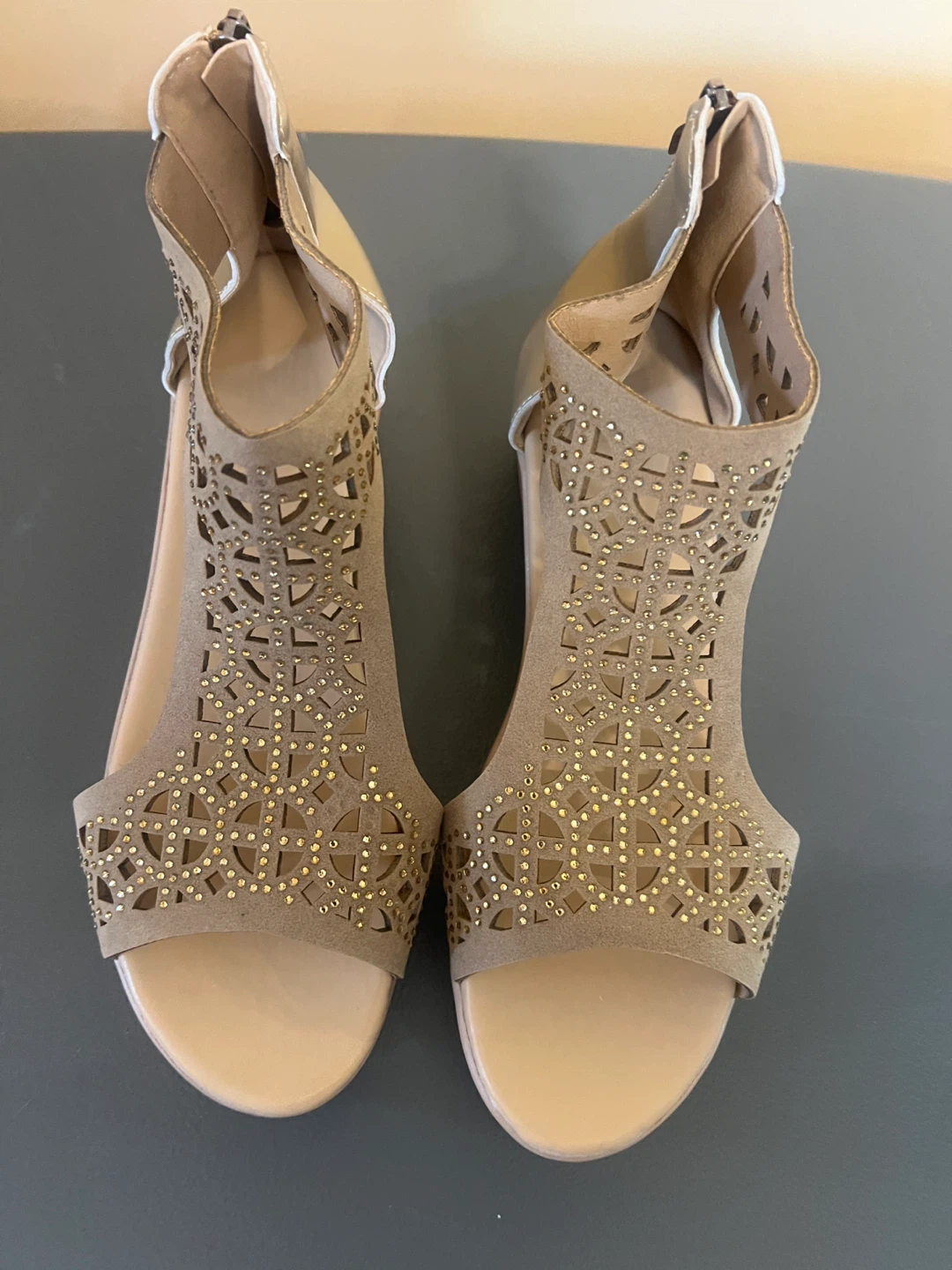Gold Cut-Out Zipper Wedge Sandals